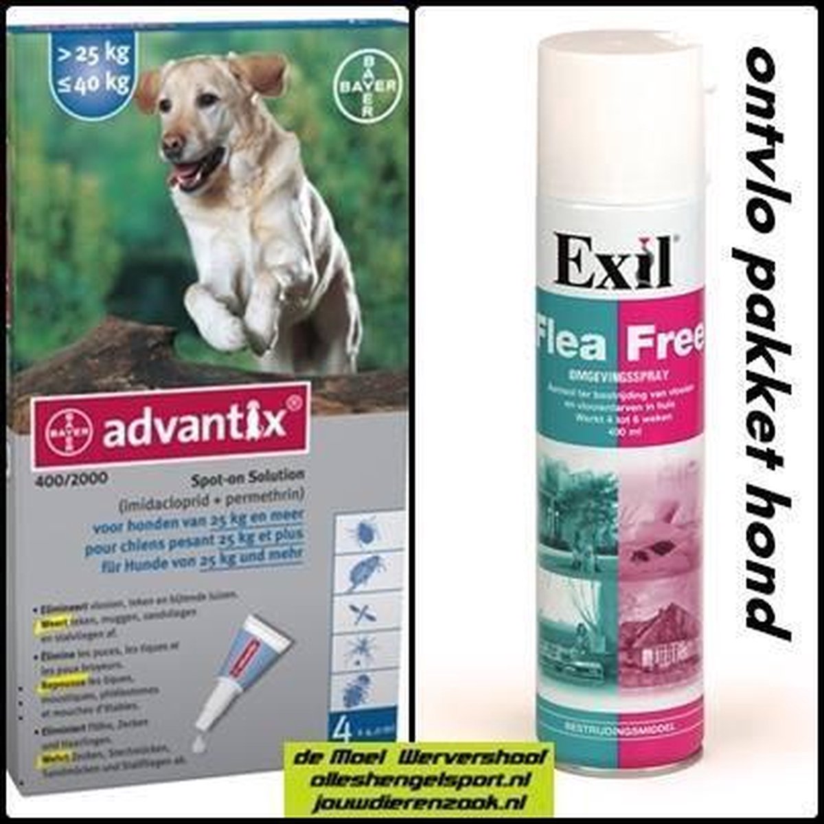 teken en vlooien pakket voor de hond van 25 kg en zwaarder - Exil flea free omgevingsspray + 4 pipetten advantix hond 400/2000