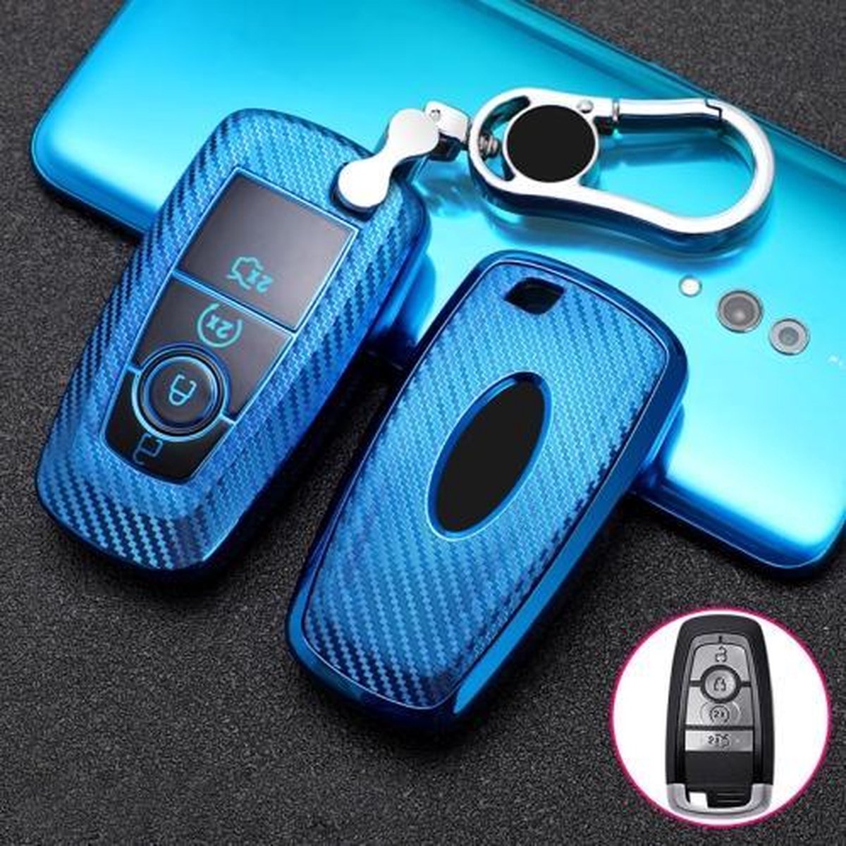 Voor Ford Smart 4-knops auto TPU sleutel beschermhoes sleutelhoes met sleutelring (blauw)