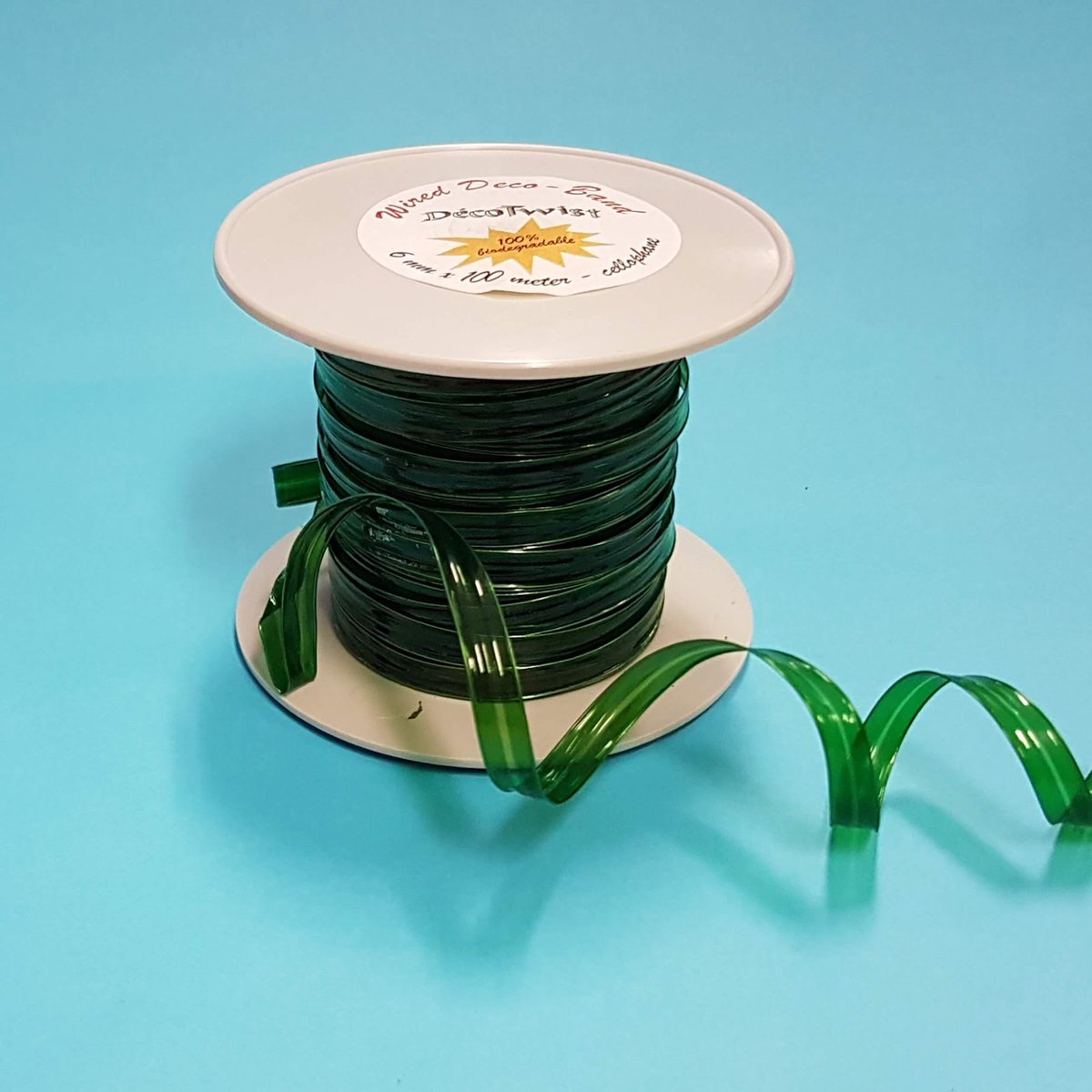 Deco Ribbon 100% Biodegradable Green 6mm x 100 meters and enhanced with metal wire (1 roll)
