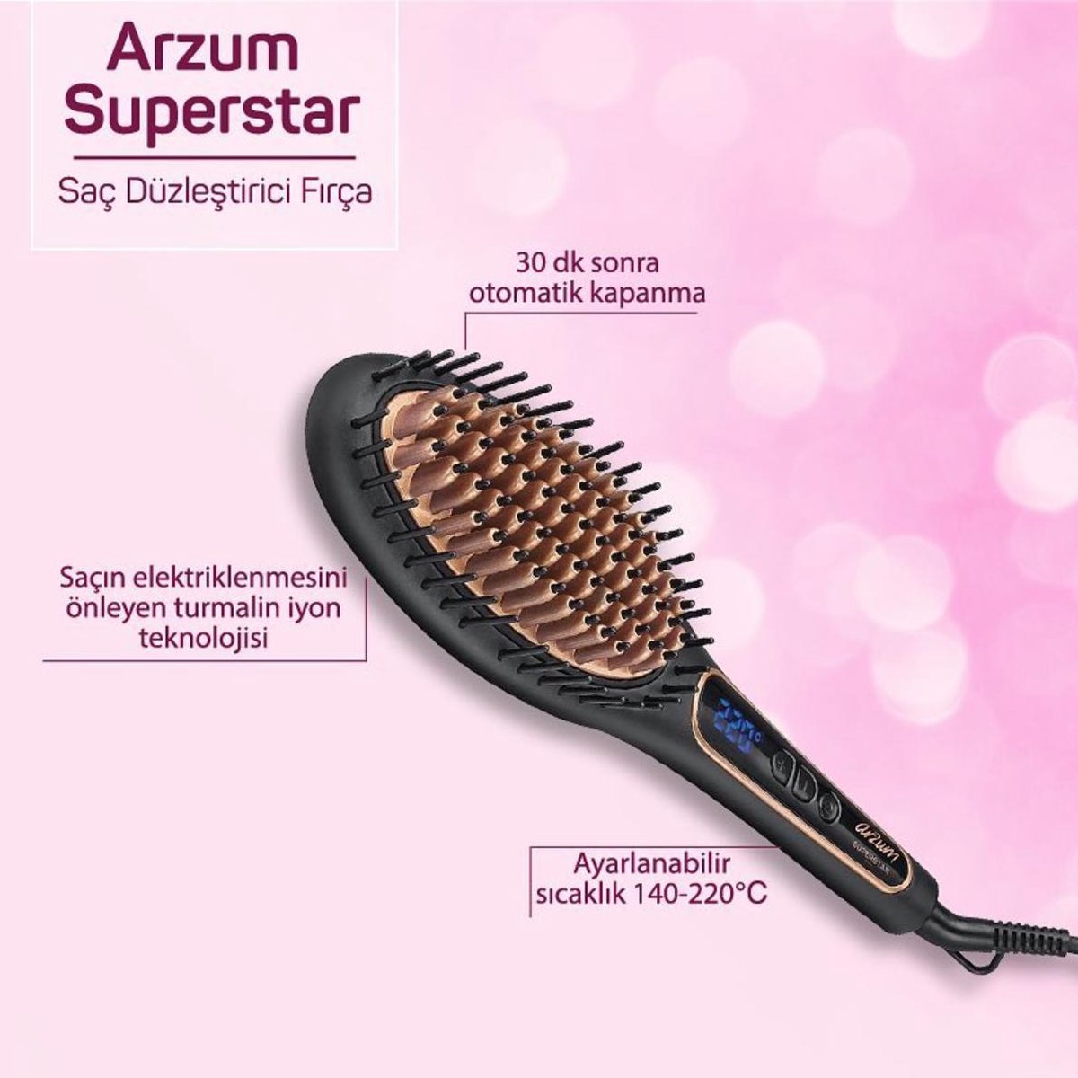 Arzum AR5036 Superstar | Haarstyler - Straightening - Stijlborstel | Warm | 140° - 220° | Zwart  | Ionic + Ceramic + Tourmaline Technology