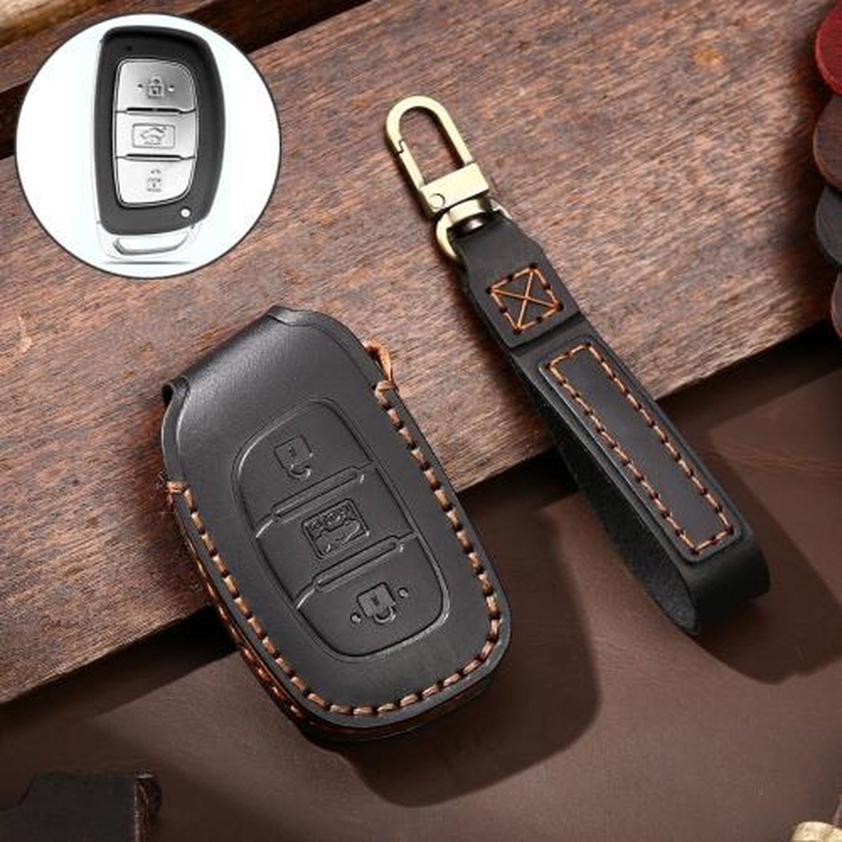 Hallmo Auto Koeienhuid Lederen Sleutel Beschermhoes Sleutel Case voor Hyundai IX35 A Stijl (Zwart)