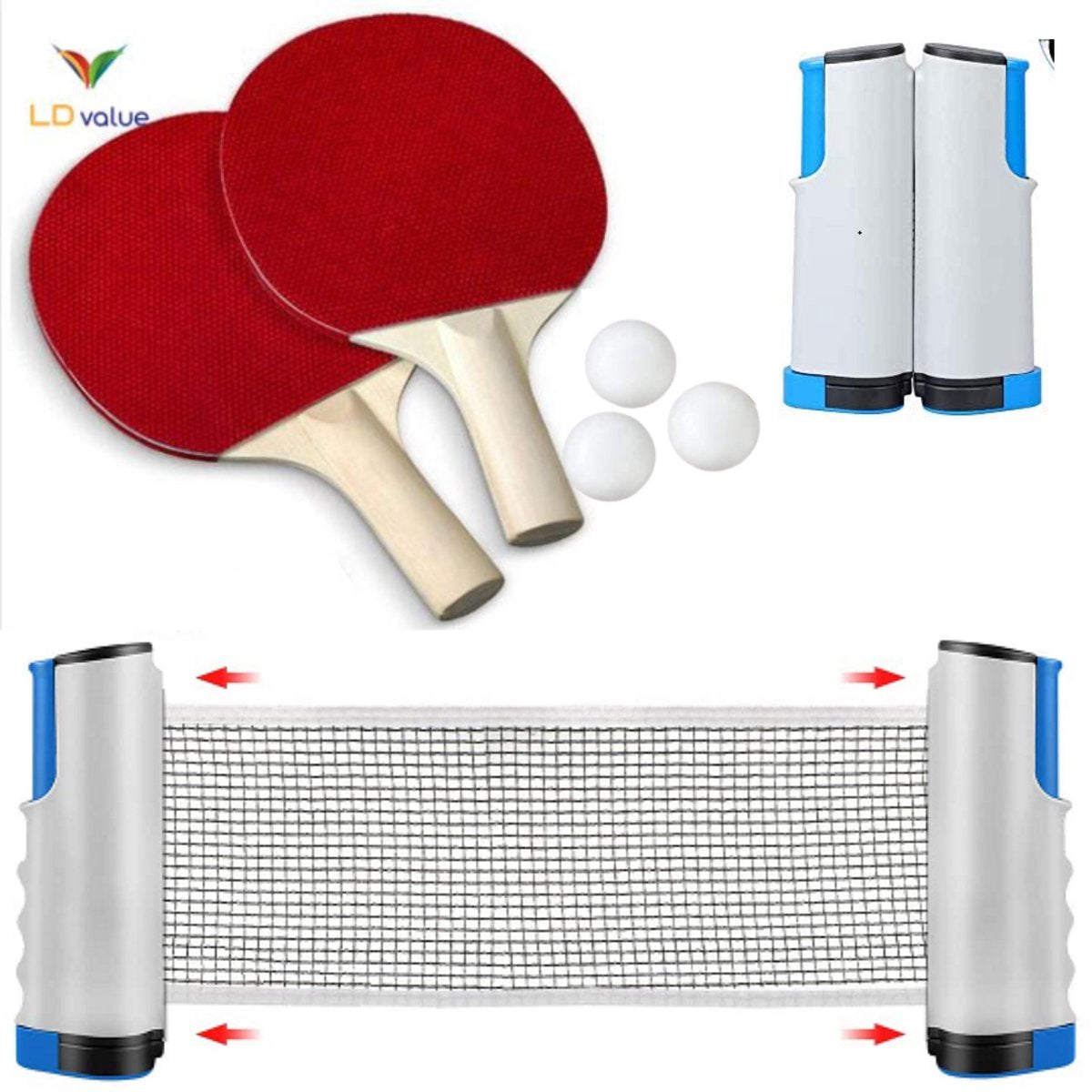 Tafeltennis Set – Ping Pongset – Tafeltennis Batjes – Pingpong – Tafel Tennis Ballen – Balletjes – Net – Uitschuifbaar