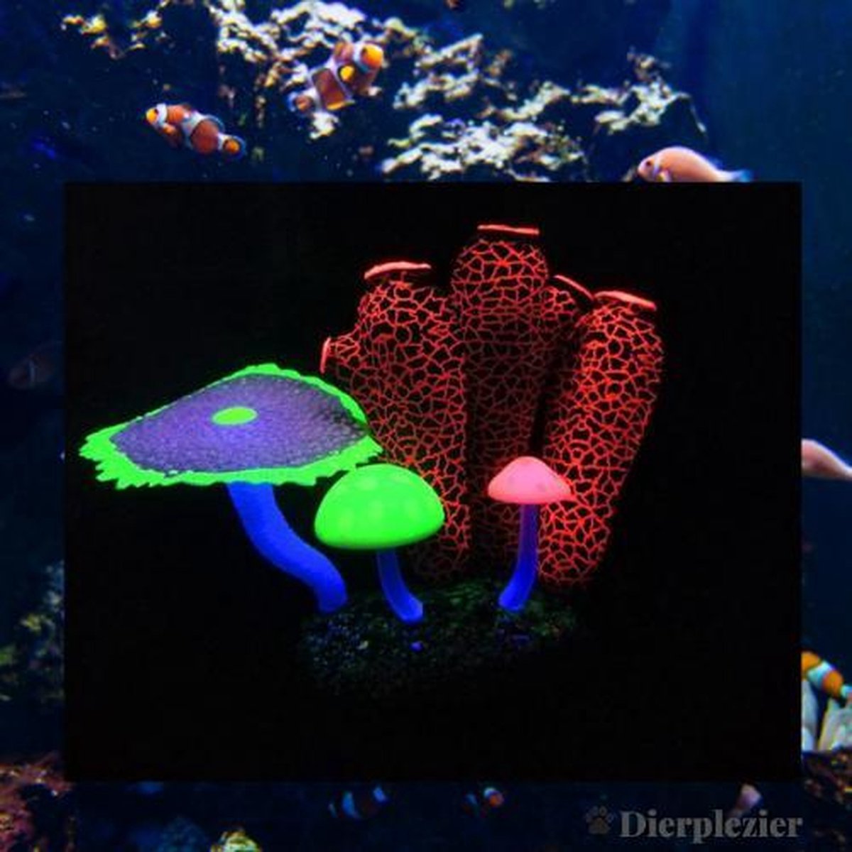 Dierplezier - Aquarium decoratie - Koraal - Kunstplant Aquarium Fluo - Planten voor aquarium - Mooie neon planten –aquariumplant ROOD tubes met rots - Aquariumdecoratie - Aquariumversiering - Benodigdheden aquarium – 11 cm x 9 cm