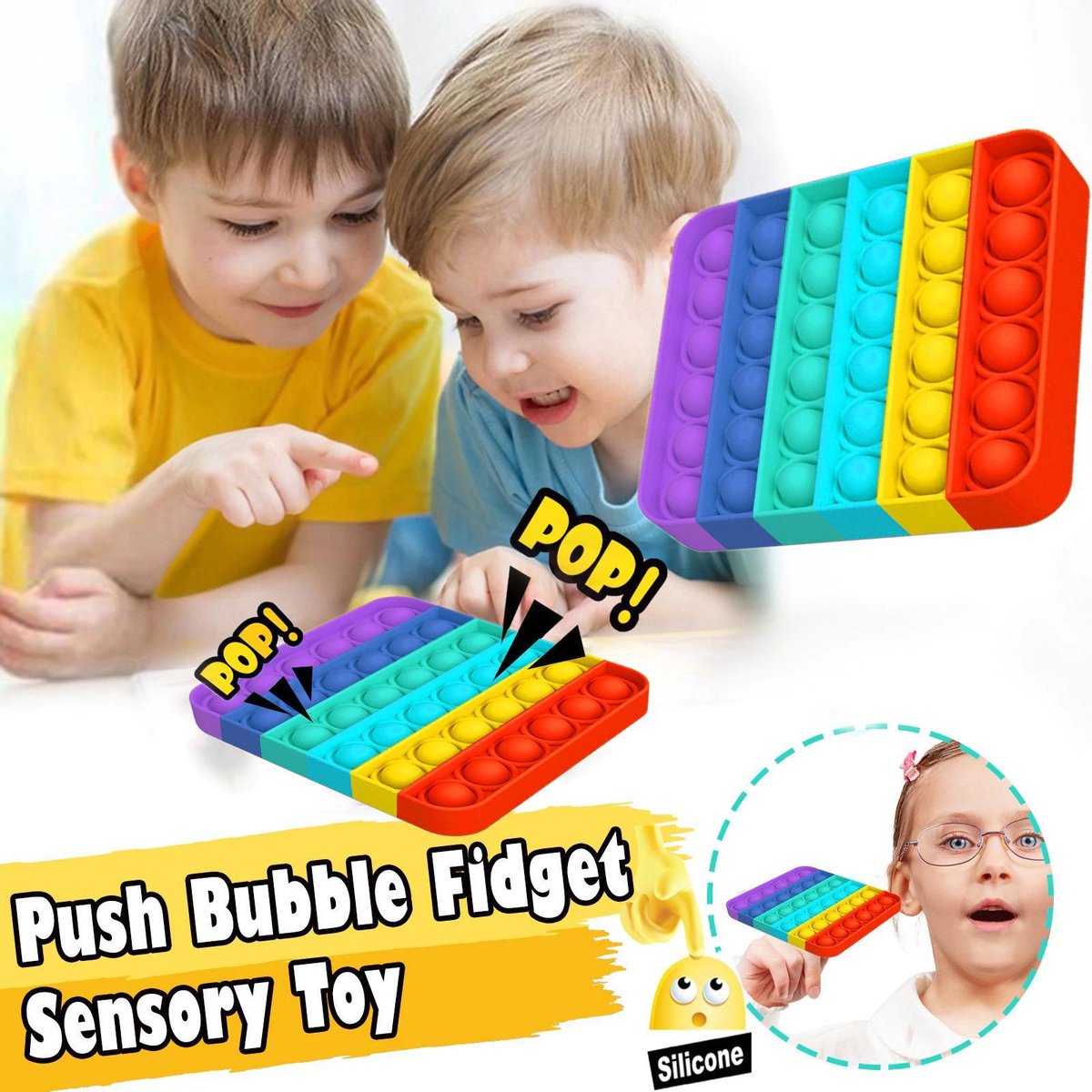 Fidget Toy  POP IT Regenboogkleuren vierkant model