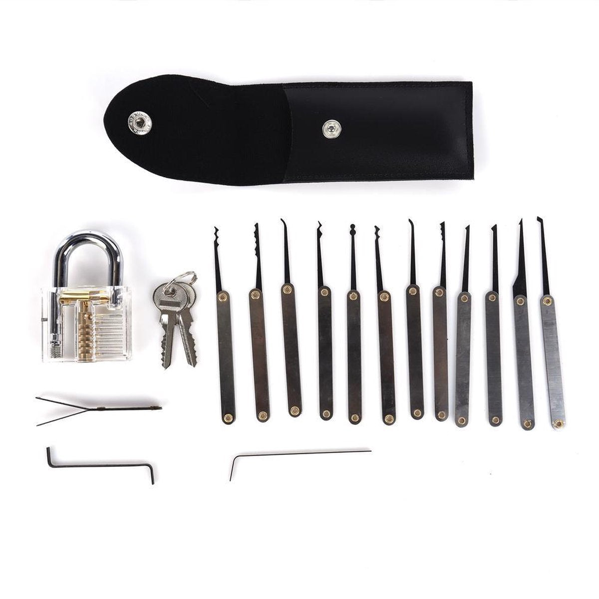 Oefen Lockpick Set met Doorzichtig Oefenslot - Lockpicking Tool - Sleutelkraker - 19 Delig met 12 Picks Inclusief Hoes