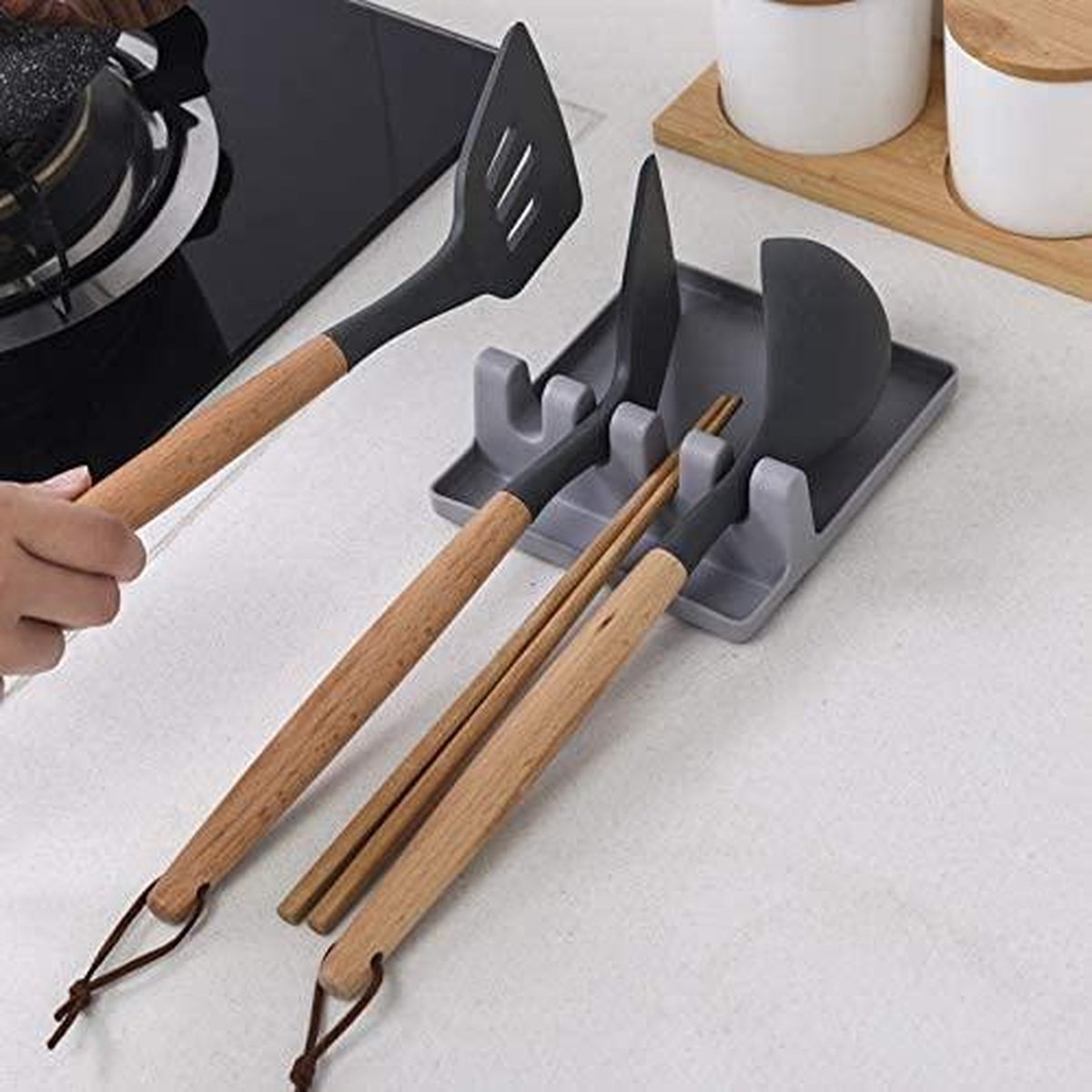 Doodadeals® Keukengerei Houder – Keukengerei Houder Organizer – Lepelhouder Aanrecht – Lepelhouder Keuken – Lepellegger – Spatelhouder – Utensil Rest – Grijs