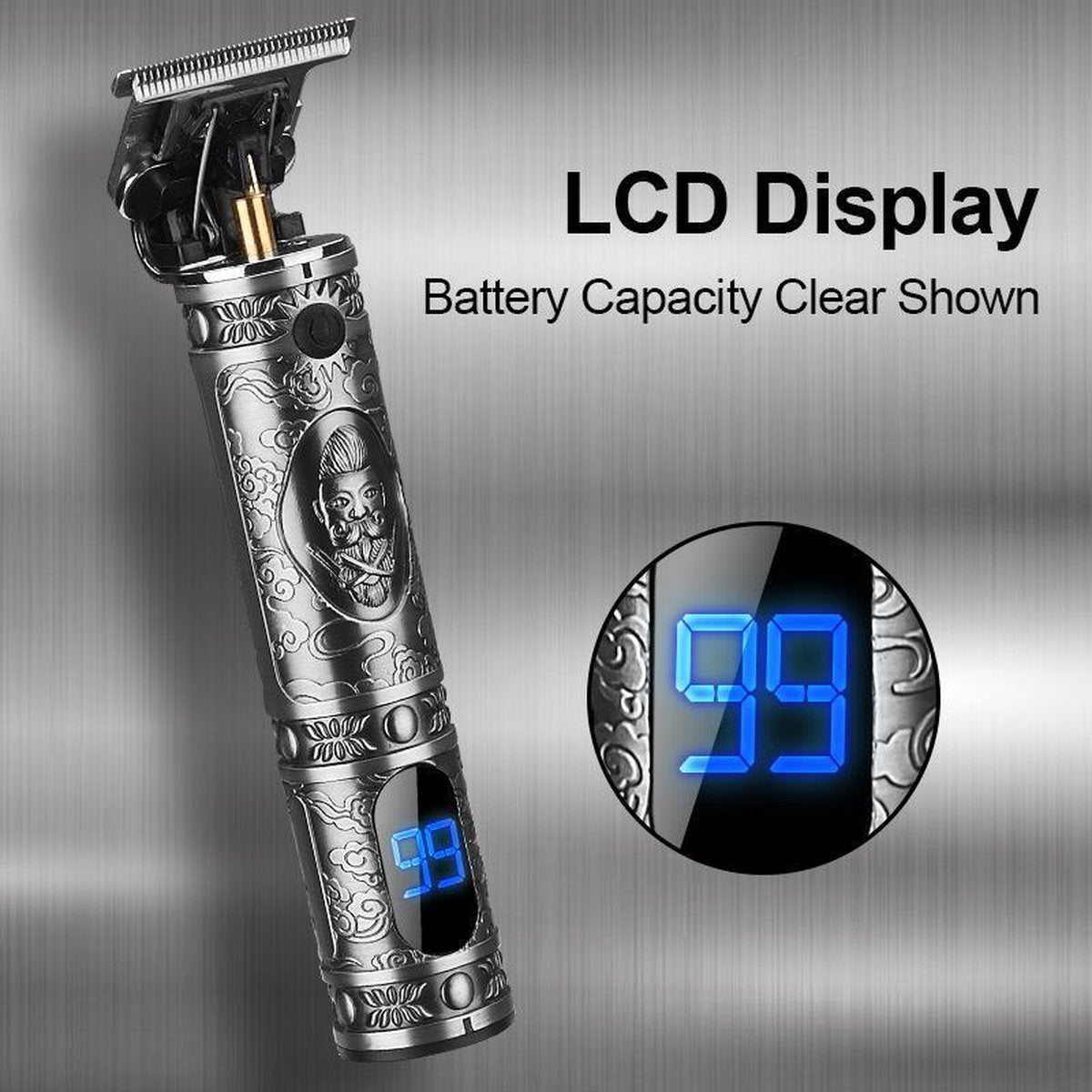 NTRONIC – Luxe Tondeuse met Display – LCD - Professionele Trimmer - Groomer - Scheerapparaat - Baardtrimmer - Precisietrimmer - Haarstyling - Haartrimmer - Draadloos - USB Opladen – Contouren – Bakkebaarden - Inclusief 3 opzetkammen – Zilver
