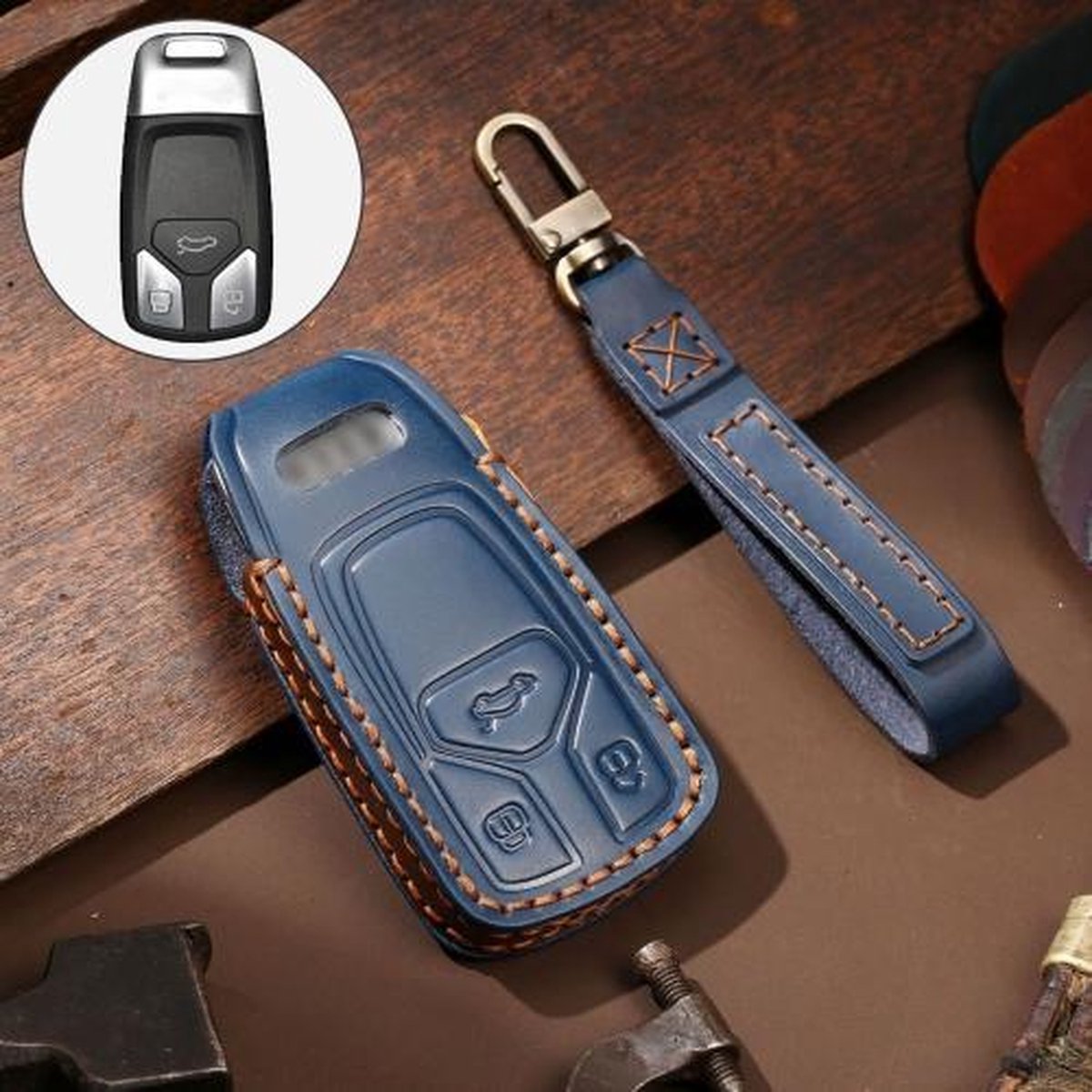 Hallmo Auto Koeienhuid Lederen Sleutel Beschermhoes Sleutel Case voor Audi A6L / A8L / A4 / A7 / A5 A Stijl (Blauw)