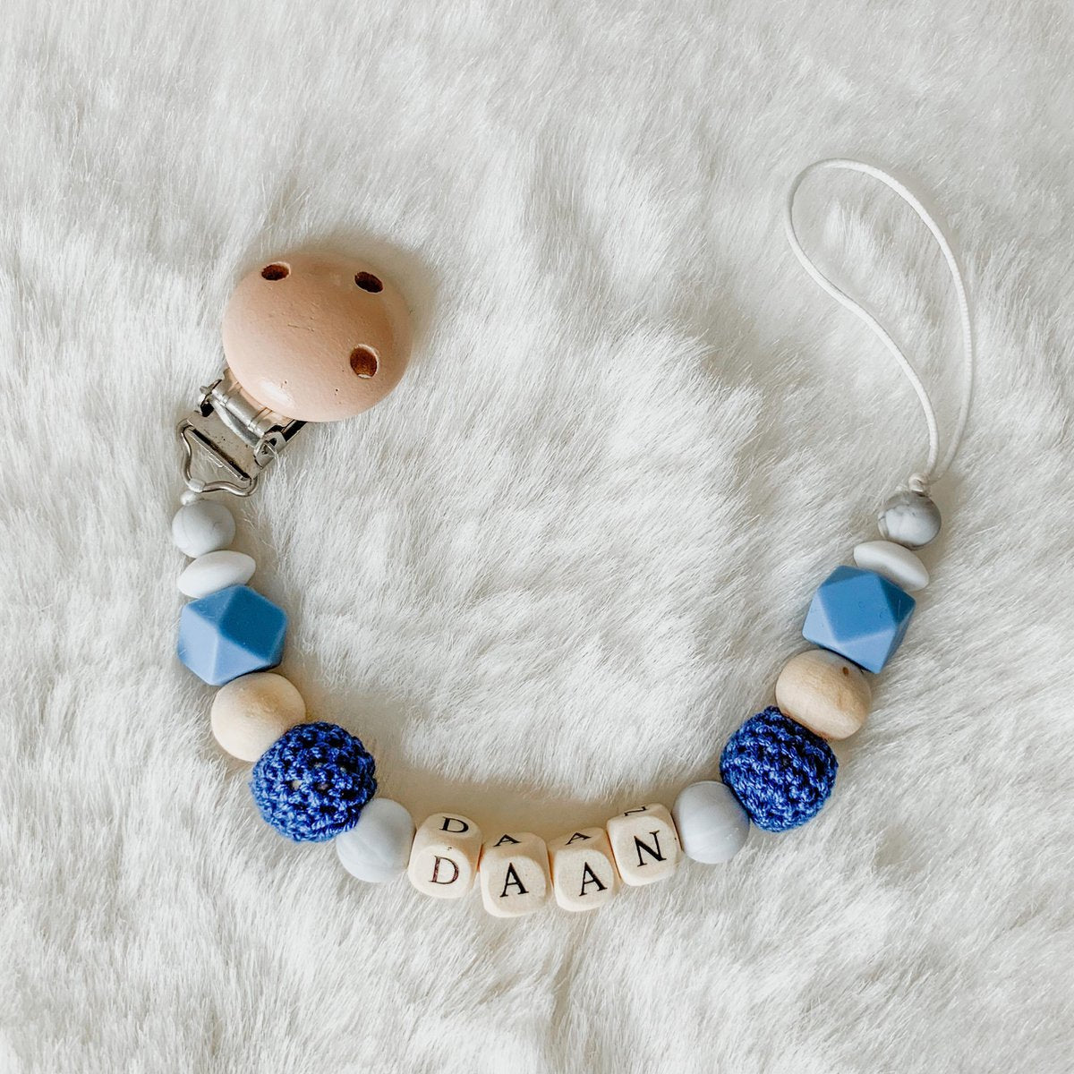 Babybeads - Speenkoord met naam - Donkerblauw met grijs