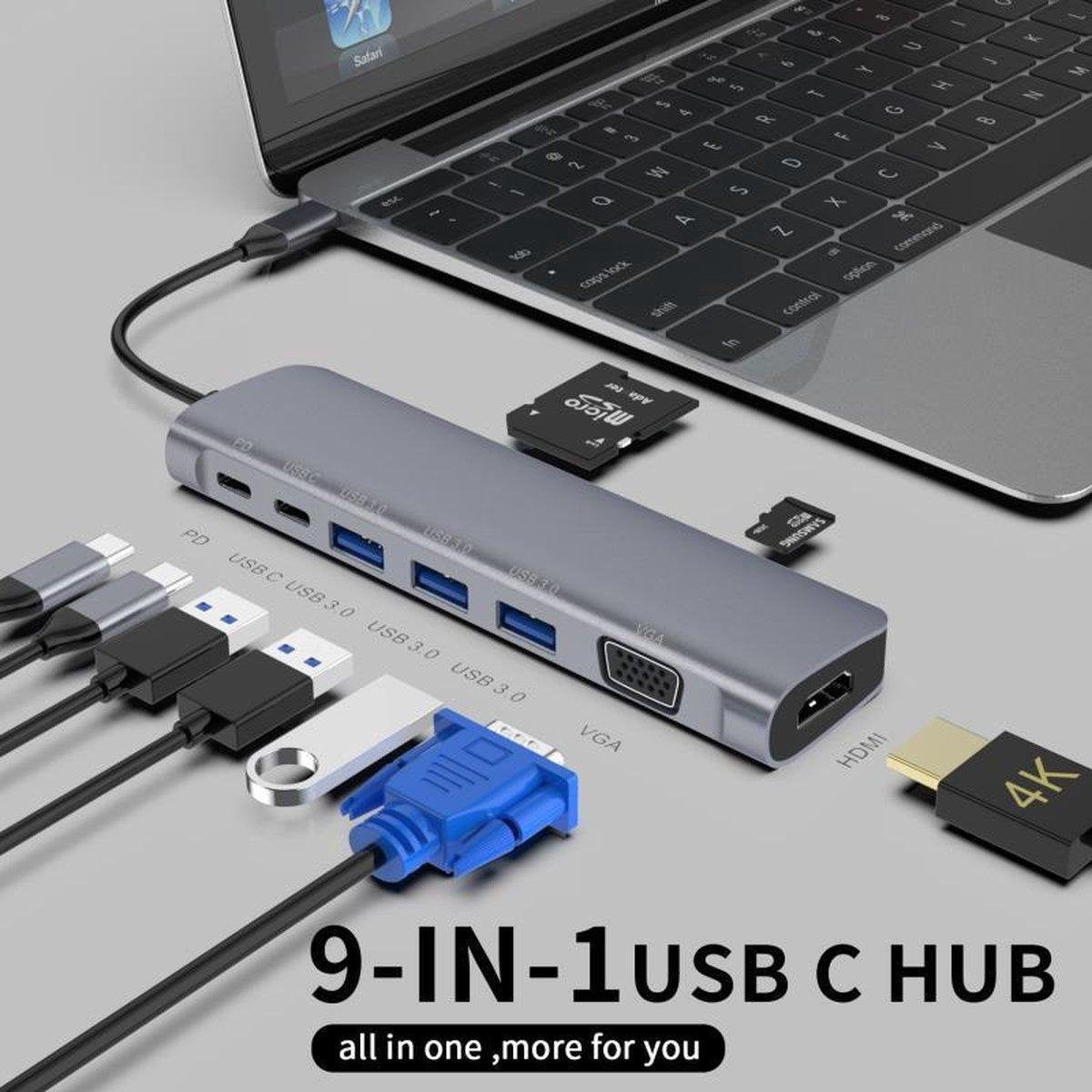9 in 1 USB-C Hub-9 poorts met HDMI 4k - usb 3.0-Ethernet aansluiting Space Grey-Docking Station