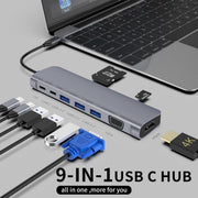 9 in 1 USB-C Hub-9 poorts met HDMI 4k - usb 3.0-Ethernet aansluiting Space Grey-Docking Station