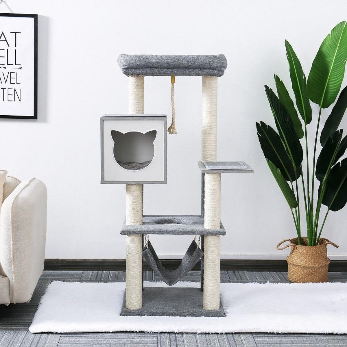 Baymate Huisdier Krabpaal Huis Toren Condo met hangmat Massief Houten Kat Krabben Kat Gat Scratcher Post Pads voor Katten Kitten AMT0065GY