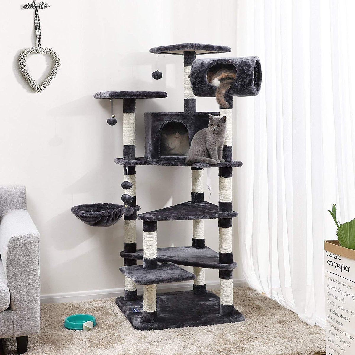 XXL Luxe Katten Krappaal Met Hangmat & Kattenhuisjes - Activity Center - Grote  Krappaal Klimpaal - 165 CM Hoog - Grijs/Zwart