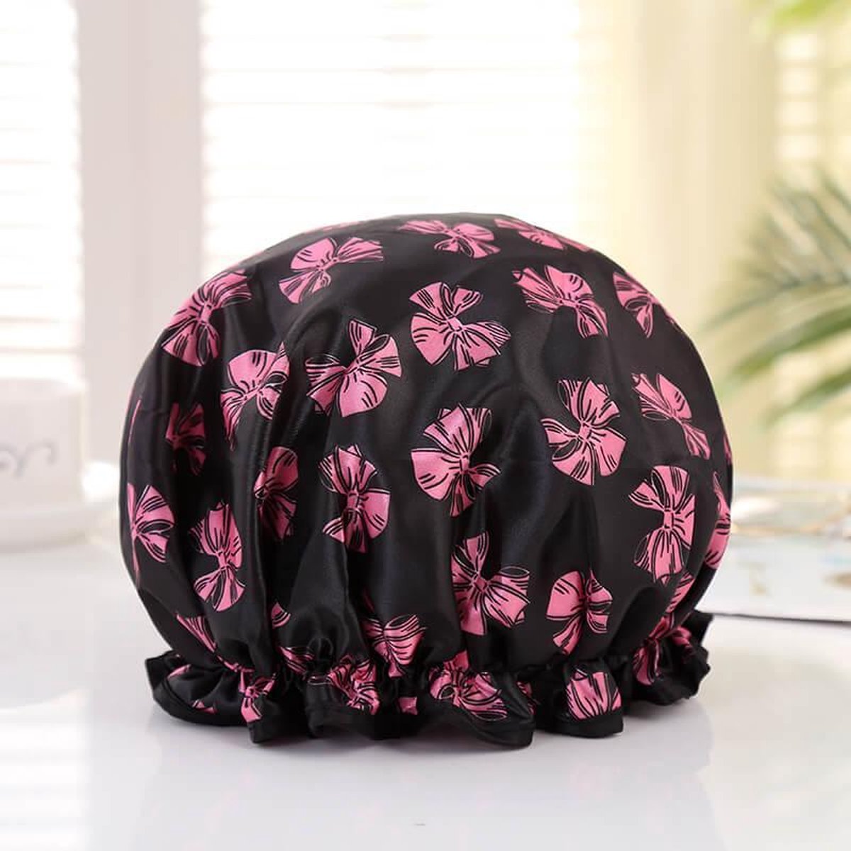 Afabs® XL Extra grote Douchemuts / Shower cap / Douchekapje / Douchecap voor vol haar / krullen / afro - Zwart met roze strikjes