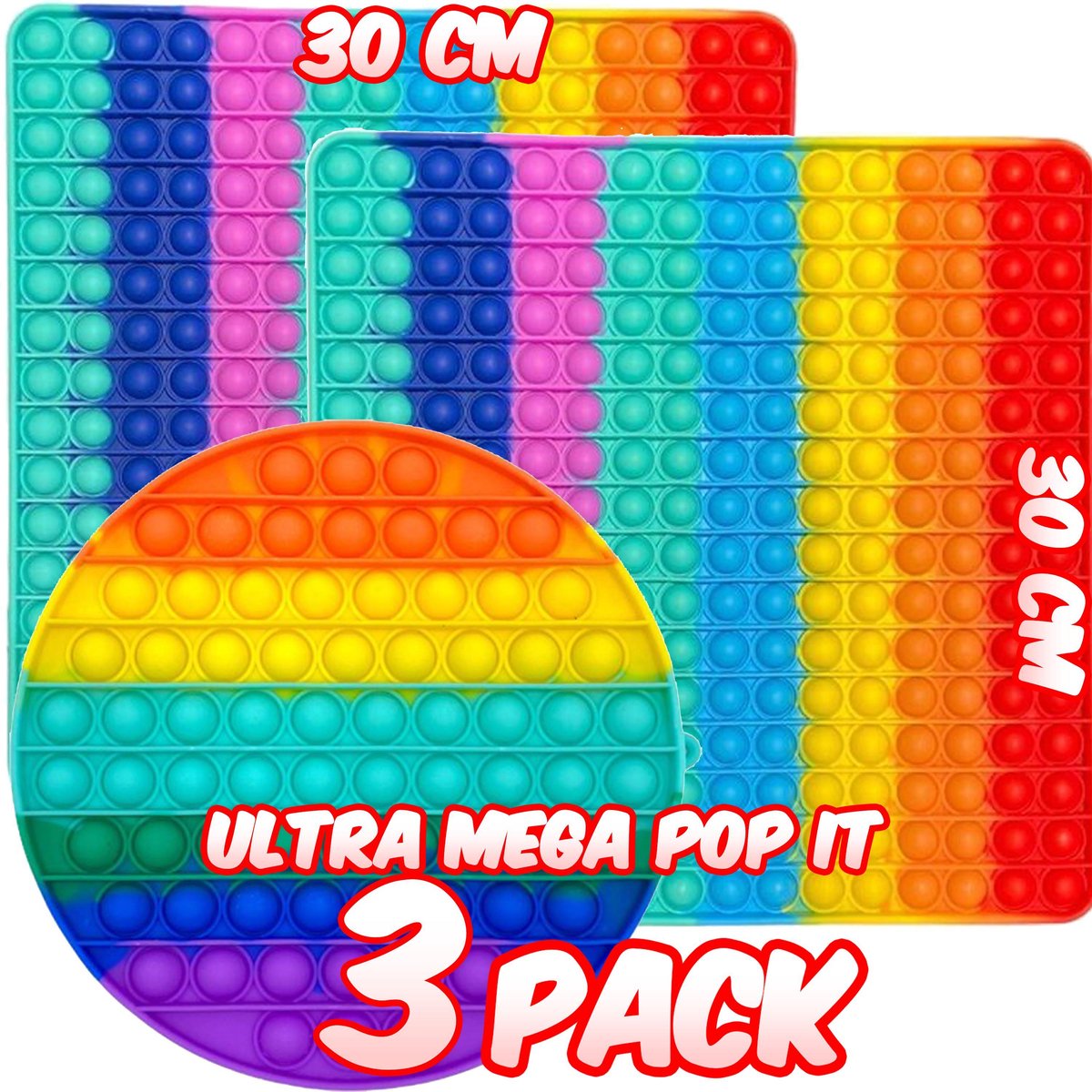 Ultrasativa® - 3 Pack - Pop It XXL - Pop It - 30X30 - Mega Pop It - 2 Pop It Mega Groot - Rond Pop it 20X20 - Regenboog - Regenboog Pop It - Fidget - Fidget Toys - Tiktok Trend - Rond - Ronde Pop It