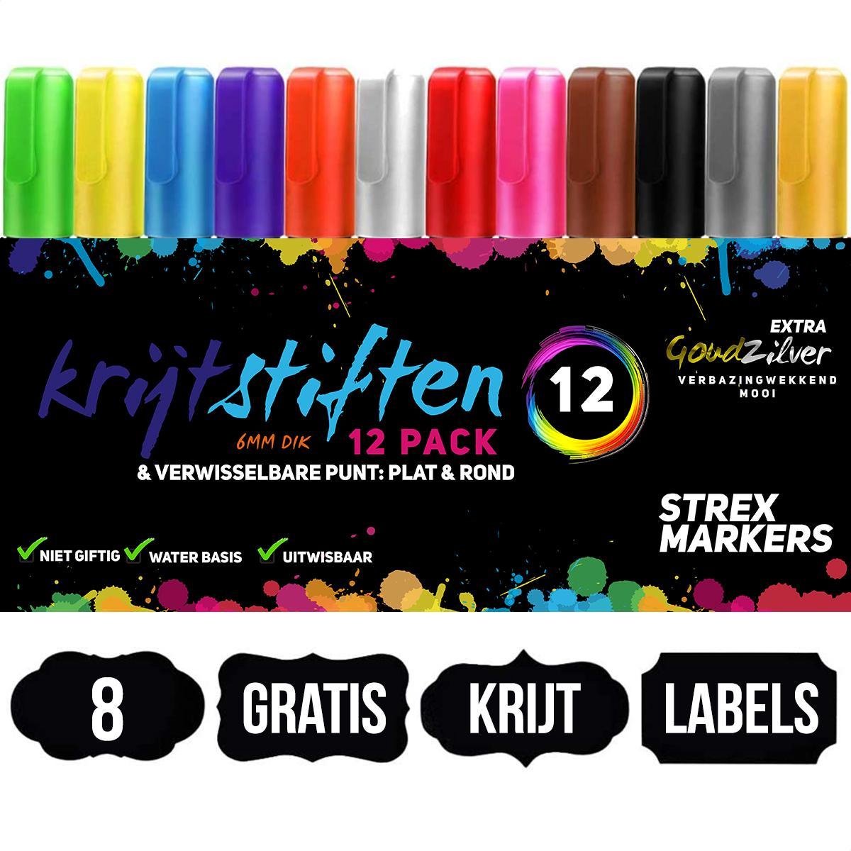 Strex Krijtstiften 12 Stuks - Incl. 8 Krijtlabels - 6MM - Raam Stiften - Neon Stiften - Krijtbordstiften - Krijt Stiften