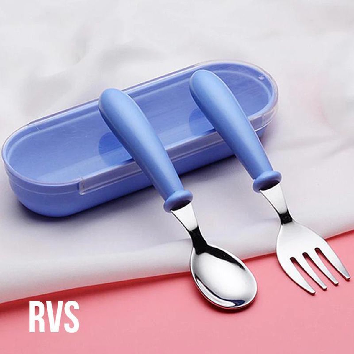 Allernieuwste Kleuter Peuter Kinderbestekset Lepel en Vork - Roestvrij Staal (RVS) - kleur Blauw