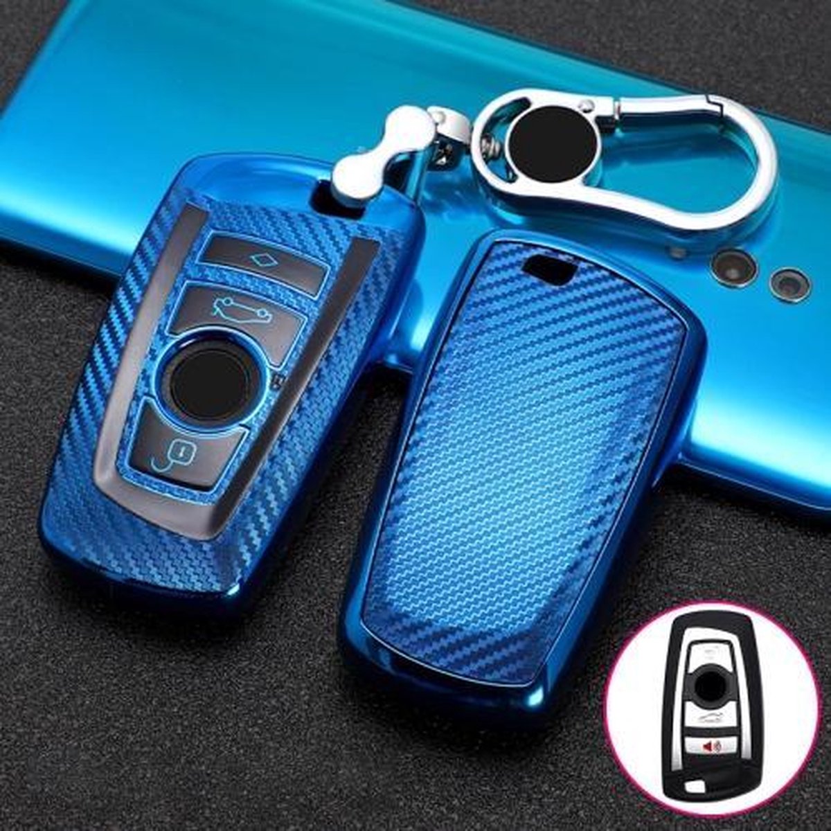 Voor BMW Square 4-knops A-versie Auto TPU Sleutel Beschermhoes Sleutelhoes met sleutelring (blauw)