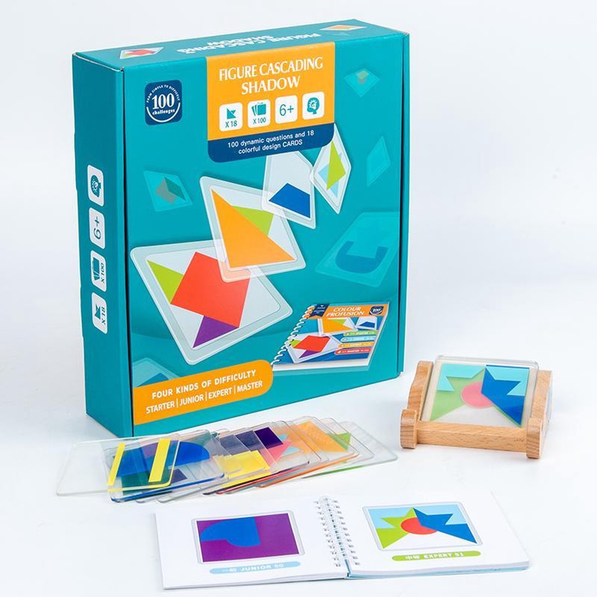 Nieuw type tangramspel - Tangram 18 stuks + 100 puzzels om verschillende moeilijkheidsgraden uit te dagen - vorm creatieve houten puzzel kinderen educatieve vroege onderwijs
