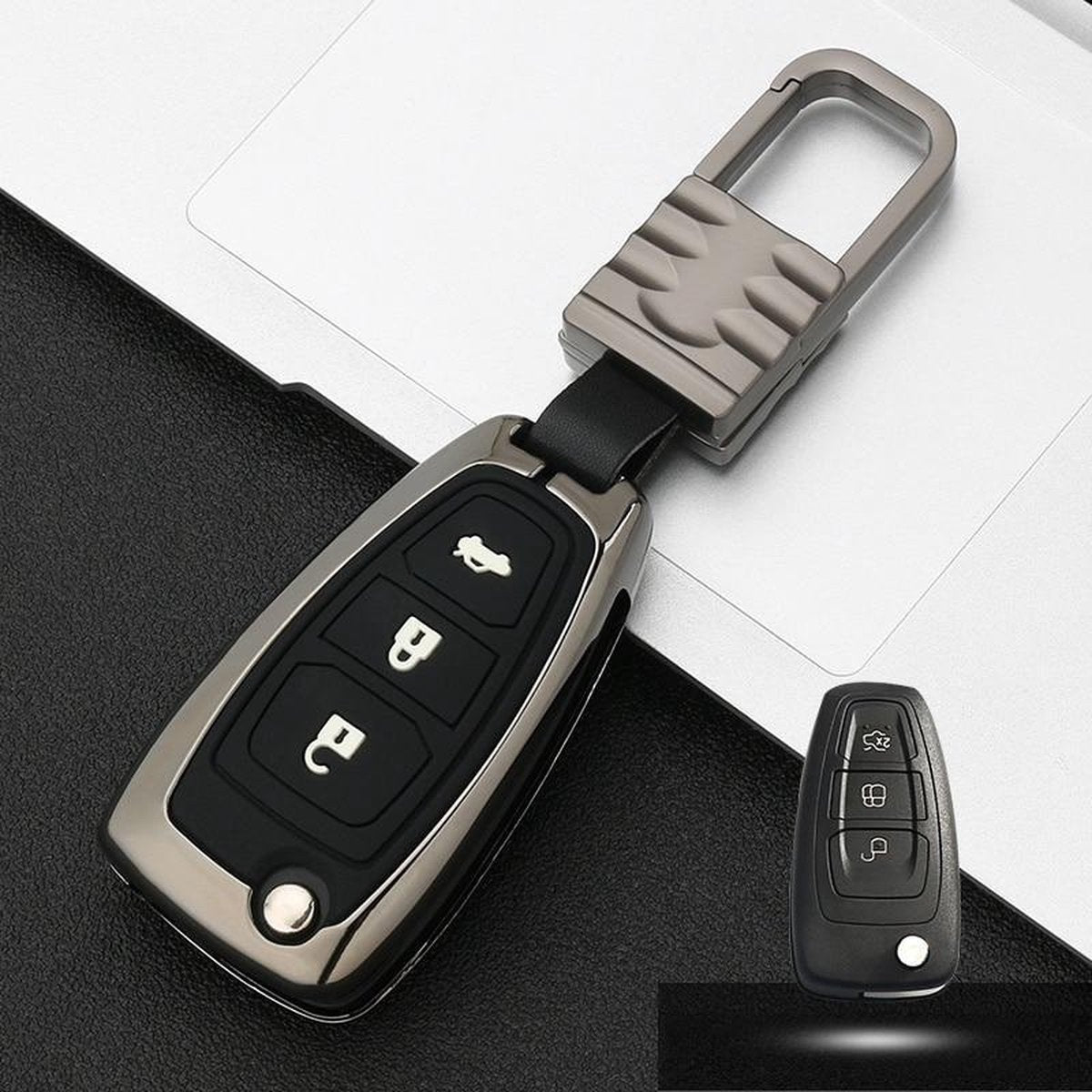 Auto Lichtgevende All-inclusive Zinklegering Sleutel Beschermhoes Sleutel Shell voor Ford B Stijl Vouwen 3-knop (Gun Metal)
