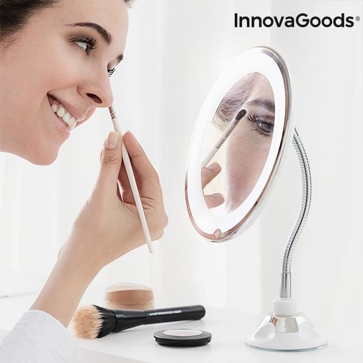 Innovagoods led vergrotende spiegel met flexibele arm en zuignap mizoom - Spiegel met verlichting - Spiegel - Spiegel met zuignap - Spiegel met verlichting - Badkamerspiegel met led verlichting - Spiegel met verlichting make up - Spiegel met licht