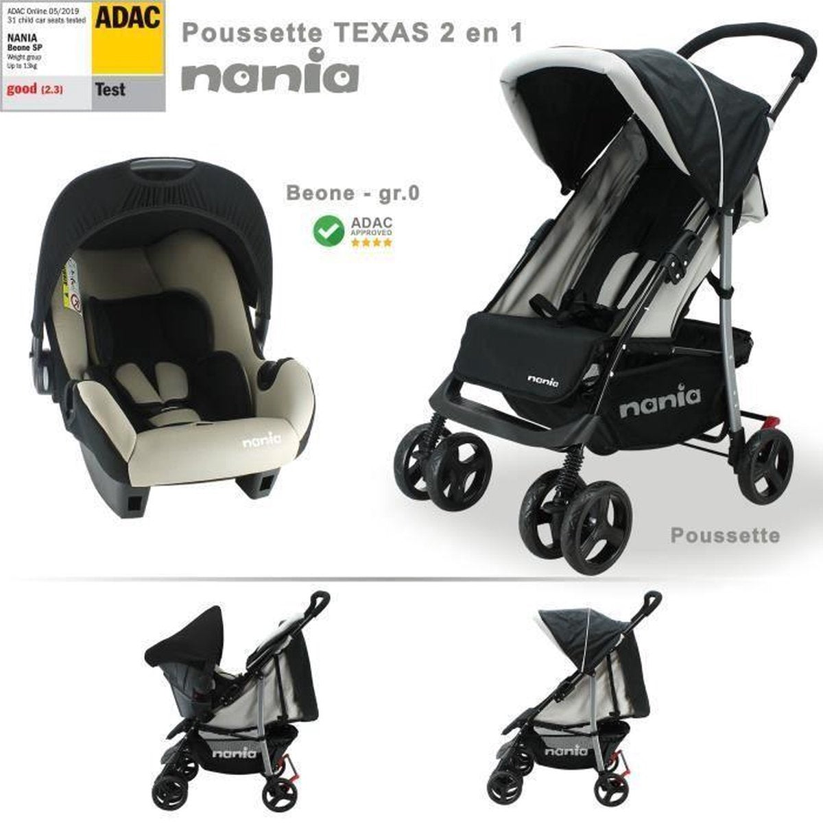 NANIA Texas kinderwagen 2 in 1 snel opvouwbaar + Beone shell groep 0+ (0-13kg)