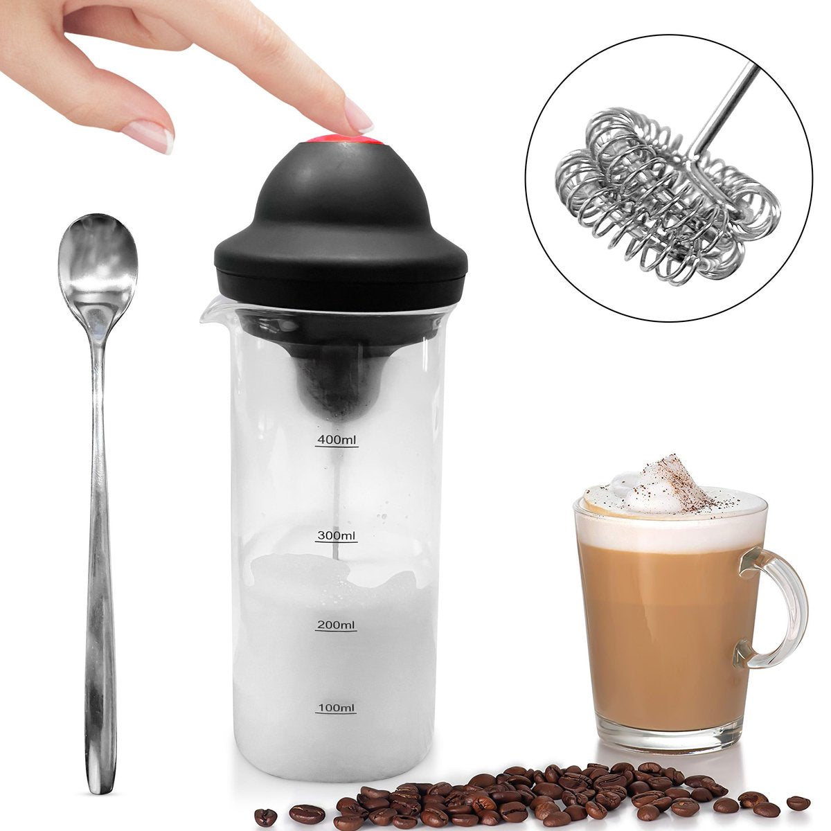 Auctic® - Melkopschuimer elektrisch incl. Longdrink lepel – Melkopschuimer – Melk schuimer – 450 ml – Koffie