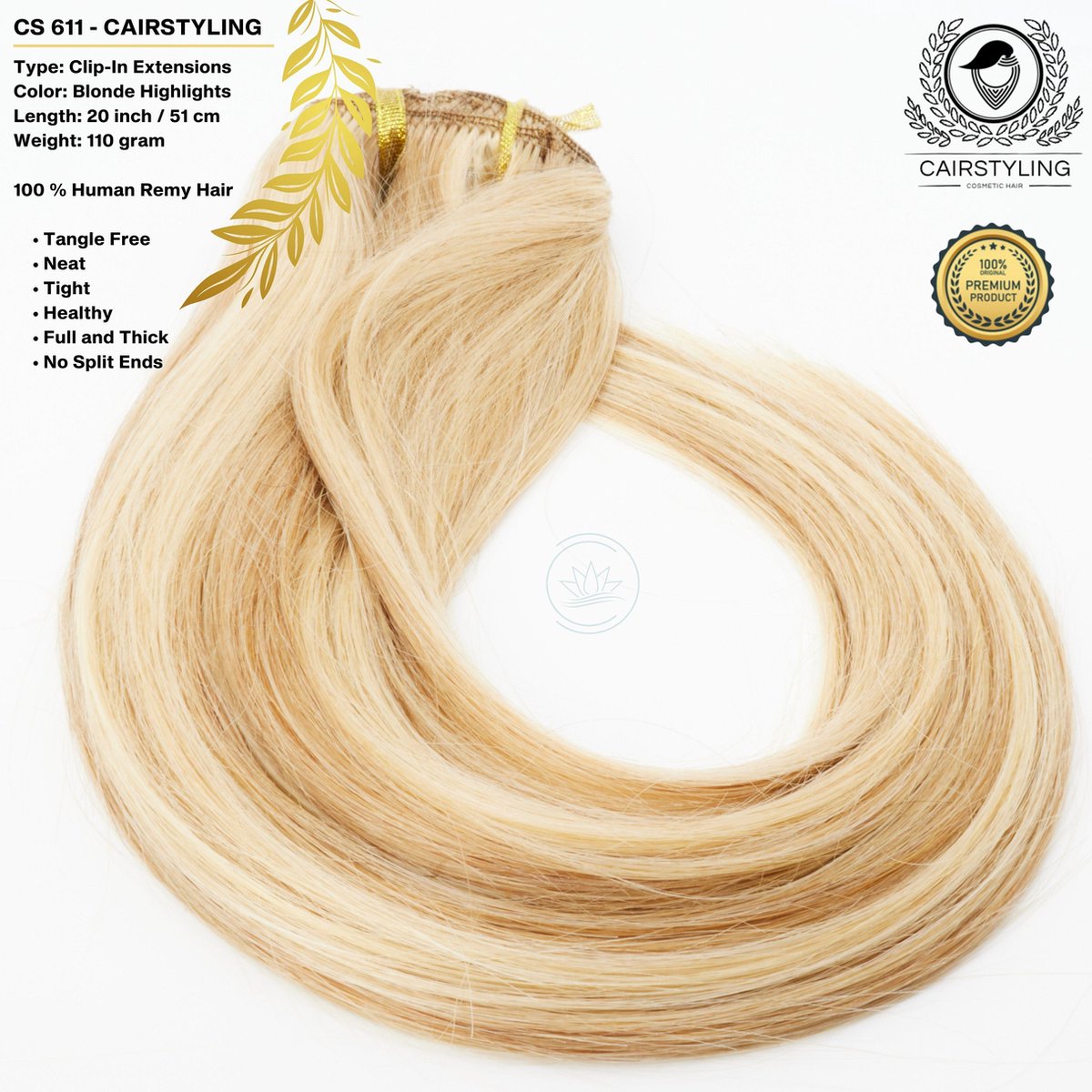 CAIRSTYLING Premium 100% Human Hair | Blonde Highlights Clip-in Hair Extensions CS611| 110 Gram | 51 CM (20 inch) | Haarverlenging | Best Quality Hair Long-term | Blonde Remy Clip Ins | Natuurlijke Haarverlenging | Inclusief Velvet Bag
