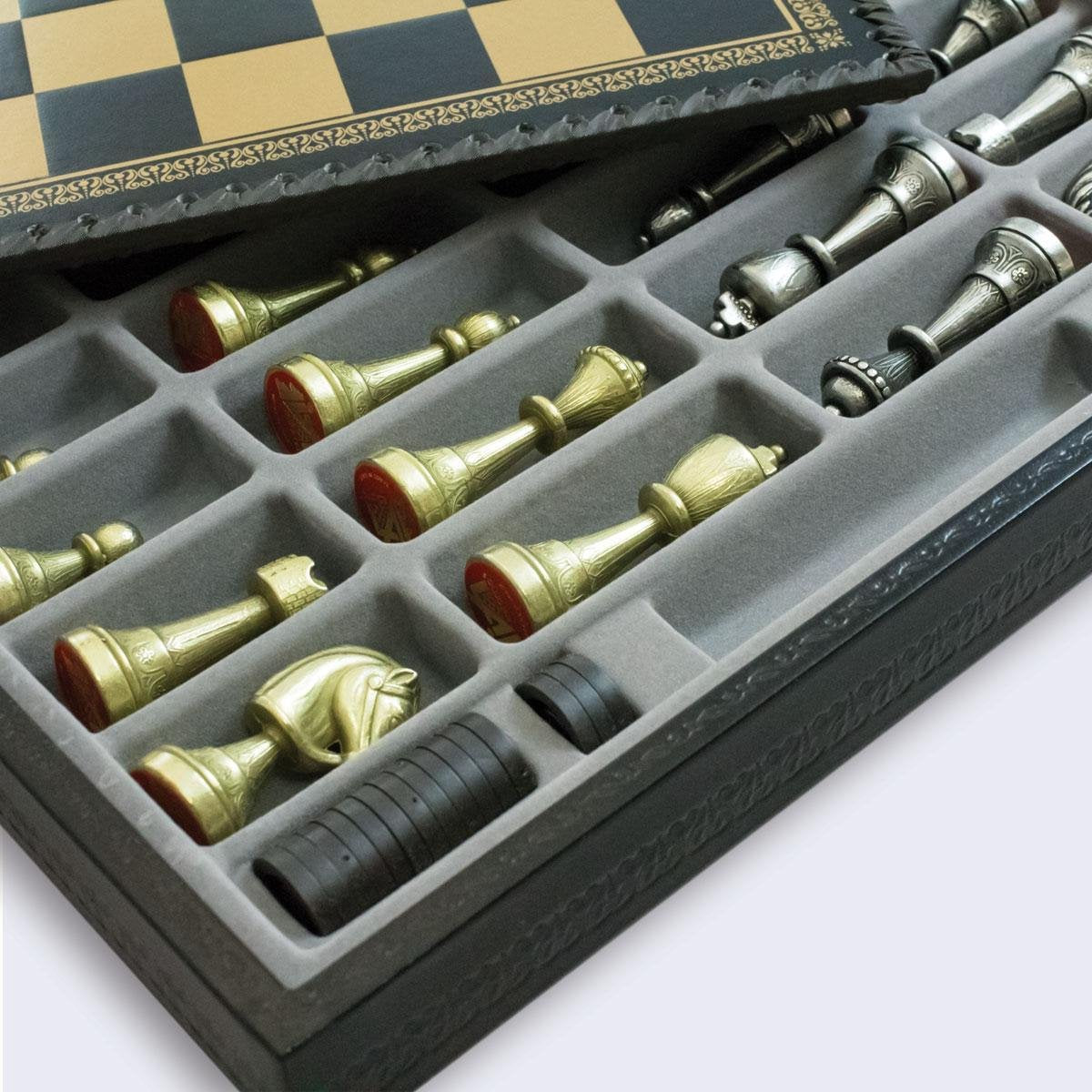 Luxe schaakset - Staunton stukken klassiek goud zilver met opbergbox zwart goud (+ backgammon) - 35 x 35 cm