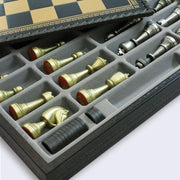 Luxe schaakset - Staunton stukken klassiek goud zilver met opbergbox zwart goud (+ backgammon) - 35 x 35 cm