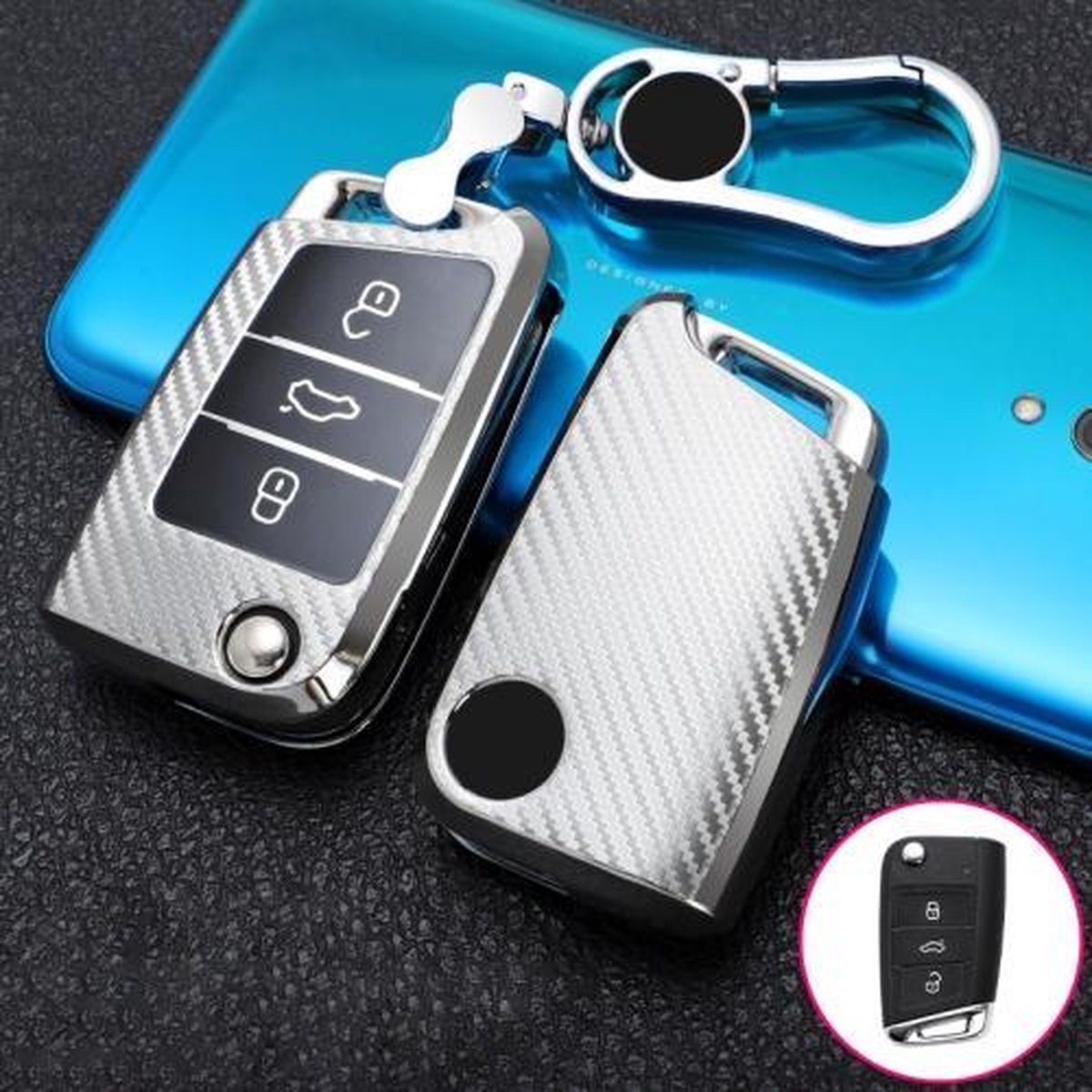 Voor Skoda Opvouwbare 3-knops B-versie Auto TPU Sleutel Beschermhoes Sleutelhoes met sleutelring (zilver)