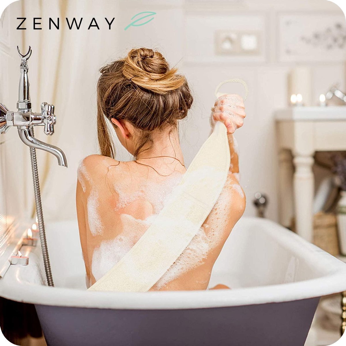 Zenway™ Loofah Rug Scrubber - Douchespons - Rugborstel voor Douche & Bad - Wit - 70 cm