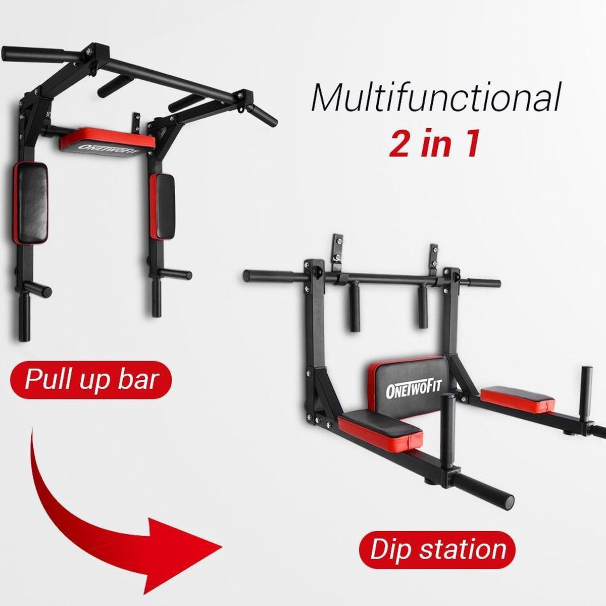 OneTwoFit Multifunctionele Optrekstang met Wandmontage - Pull Up Bar & Dip Station