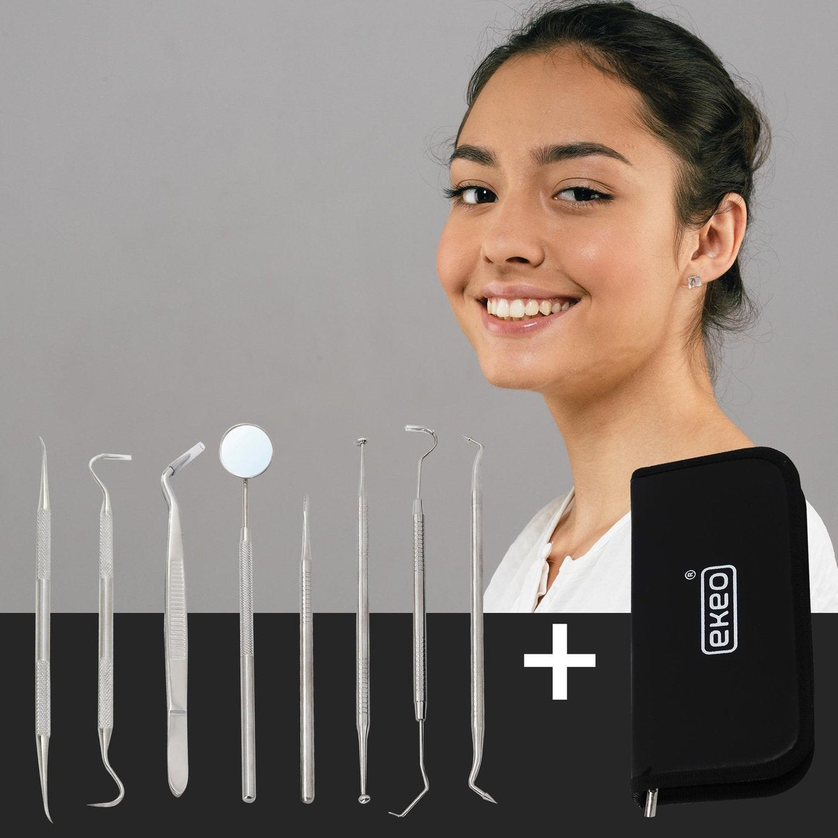 EKEO - Compleet Tandarts Setje met Luxe Opberg Etui - RVS Tandsteen Haakje - Mond Spiegel - Tand Verzorging Gereedschap Set - Stainless Steel - 8 Stuks