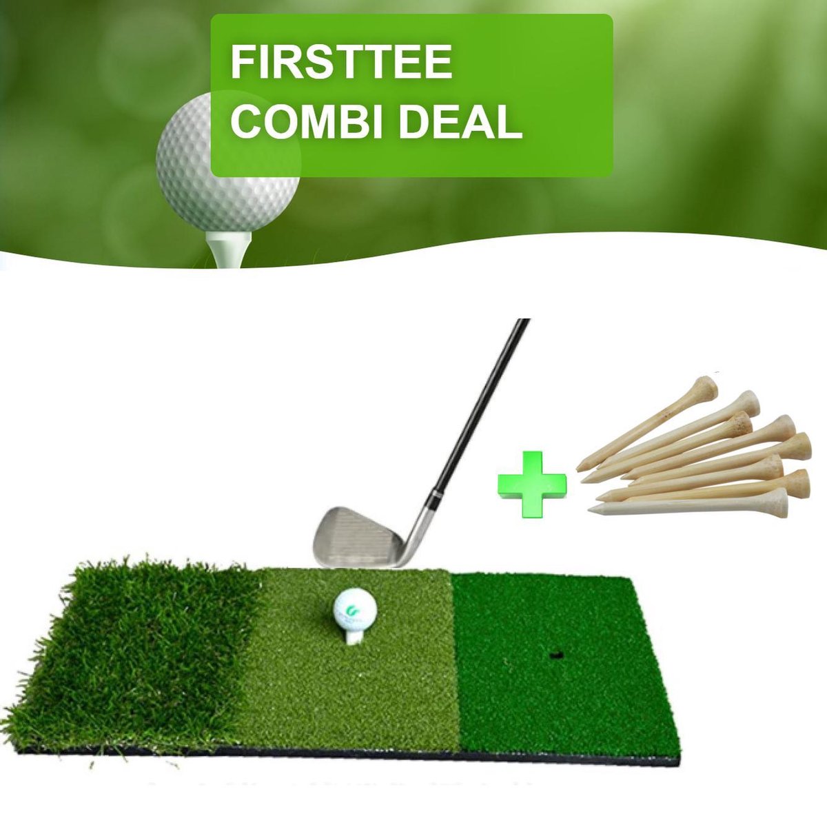 Firsttee - COMBI DEAL - Chippingmat & 25 Bamboe Tees (70MM) - Golf accessoires - Cadeau - Sport - Training - Golftrainingsmateriaal - Golfset - Golfclub - Golfballen - Trainingsmaterialen -  Mat - Putting - Net - Afslaan - Golfballen - Oefenmat - Tee