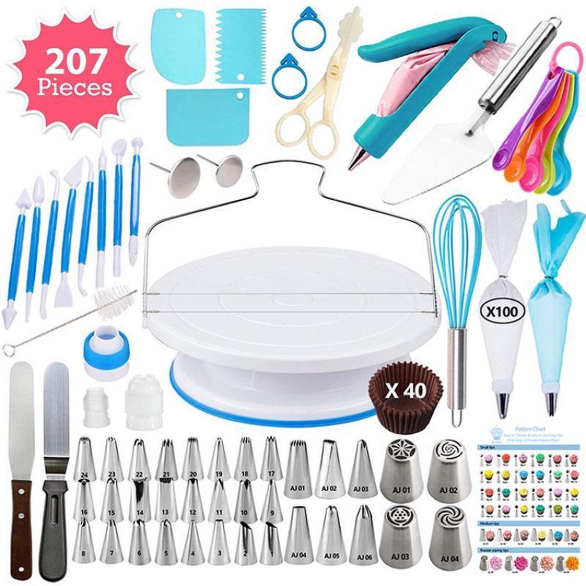 Winkrs - Taart decoratie set met taartplateau - 207 delig - Cake bakgerei