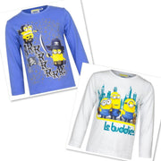 Minion shirt met lange mouw -   Set van 2 - blauw+wit  - maat 122/128  (8 jaar)