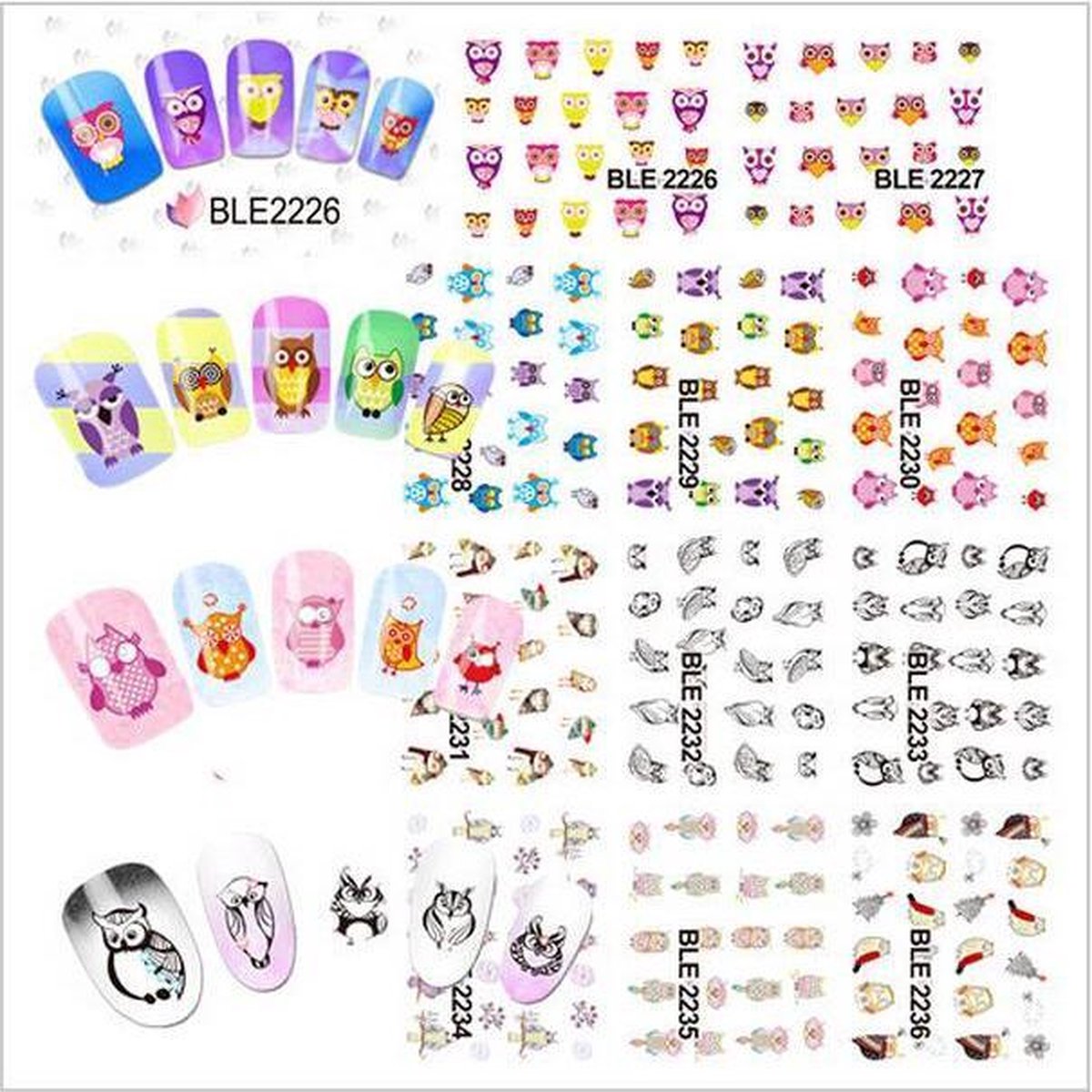Nail art stickers Uilen 11 sheets +-220 uilen