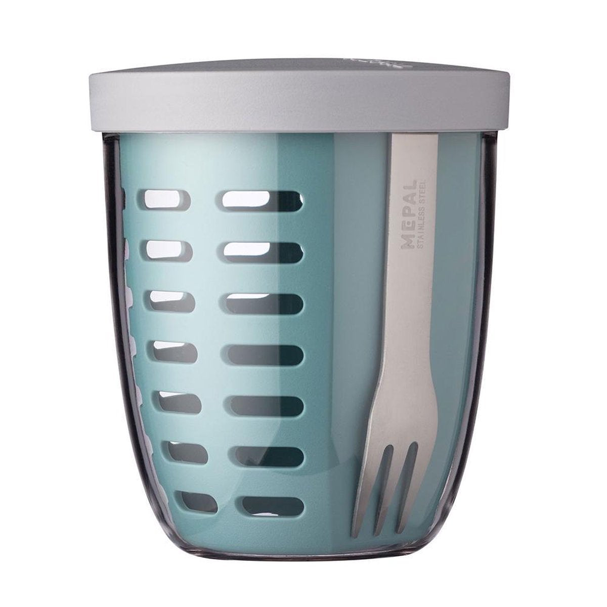 Mepal – Fruit-& Veggie pot Ellipse – Fruitbox voor onderweg - Nordic green – voorzien van vergietje en RVS vorkje