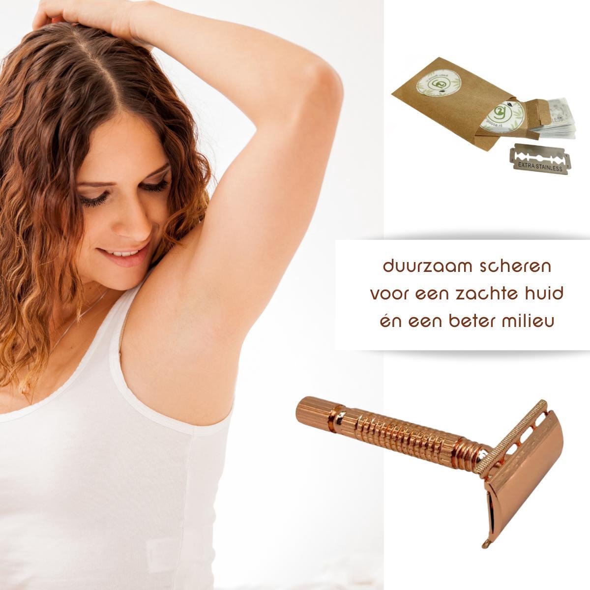 green-goose® Dames Klassiek Scheermes | Roze Goud | Inclusief  10 green-goose Scheermesjes | Duurzaam | Milieuvriendelijk | Kosten Besparend