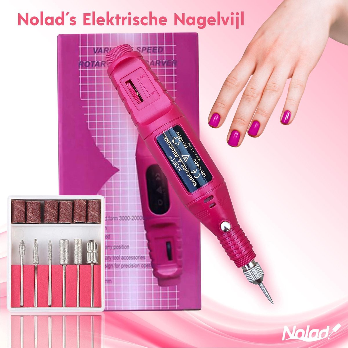 Nolad Elektrische Nagel Vijl - nagelvijl met Freesjes en rolletjes - 6 bitjes - voor acryl-