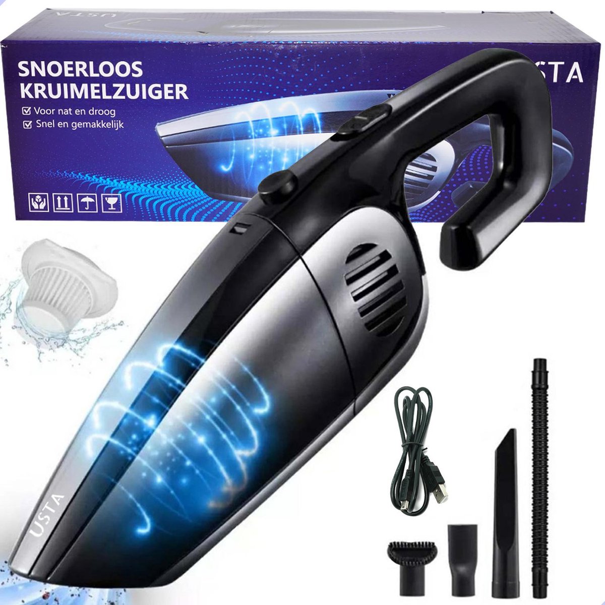 Usta Snoerloos Kruimelzuiger - Inclusief 4 Opzetstukken & Opbergtas - Kruimeldief voor nat en droog - HEPA Filter - Zwart