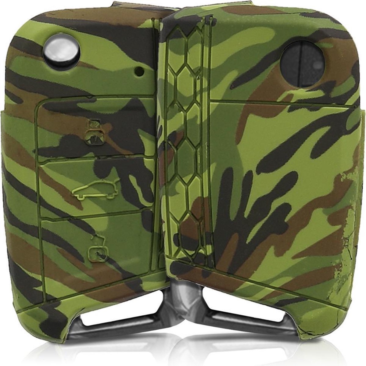 kwmobile autosleutelhoes voor VW Golf 7 MK7 3-knops autosleutel - Siliconen beschermhoes in zwart / lichtgroen / donkergroen - Camouflage design