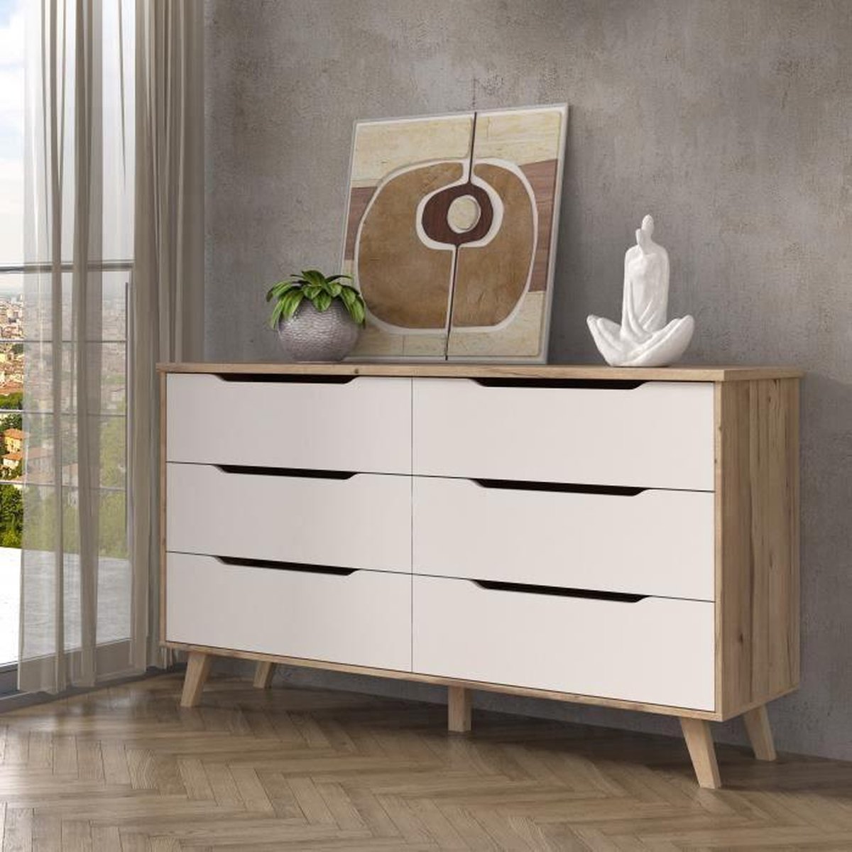 VANKKA Ladekast met 6 lades - Decor in eiken en wit - B 154 x D 42 x H 86 cm