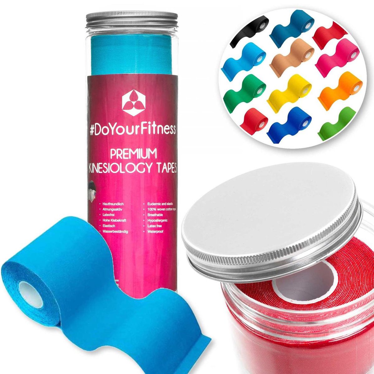 #DoYourFitness - 3x PREMIUM Kinesiologie Tape - Sporttape - 100% geweven katoen / waterbestendig - rollengte 5m