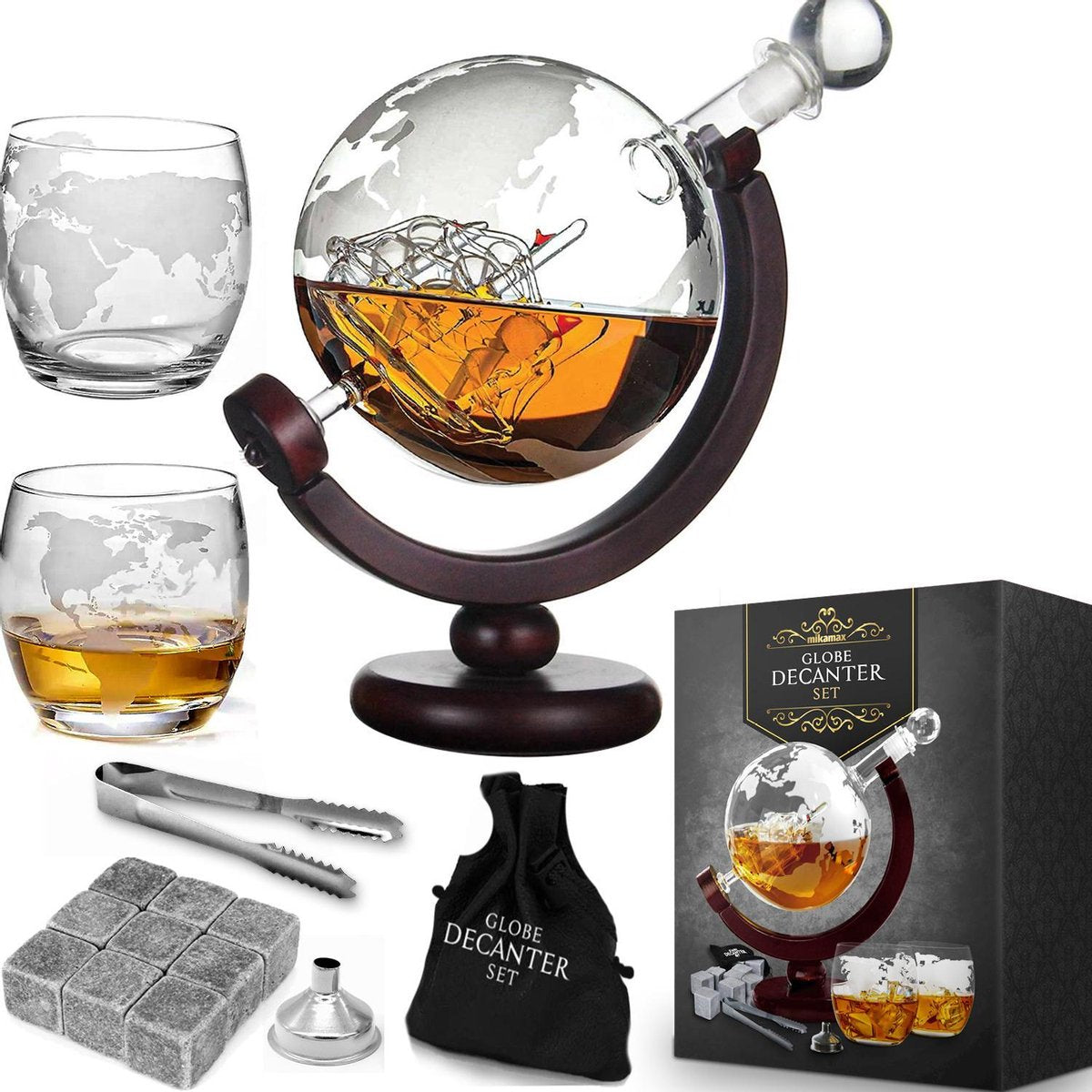 MikaMax Whiskey Globe Decanteerset - 2 Glazen - 9 Whiskey Stones - 900 ML