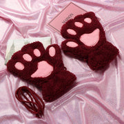 Dierenpoot vingerloze handschoenen donkerrood pluche - vingerloos pootjes - kattenpootjes hondenpootjes berenpootjes dierenpootjes fleece