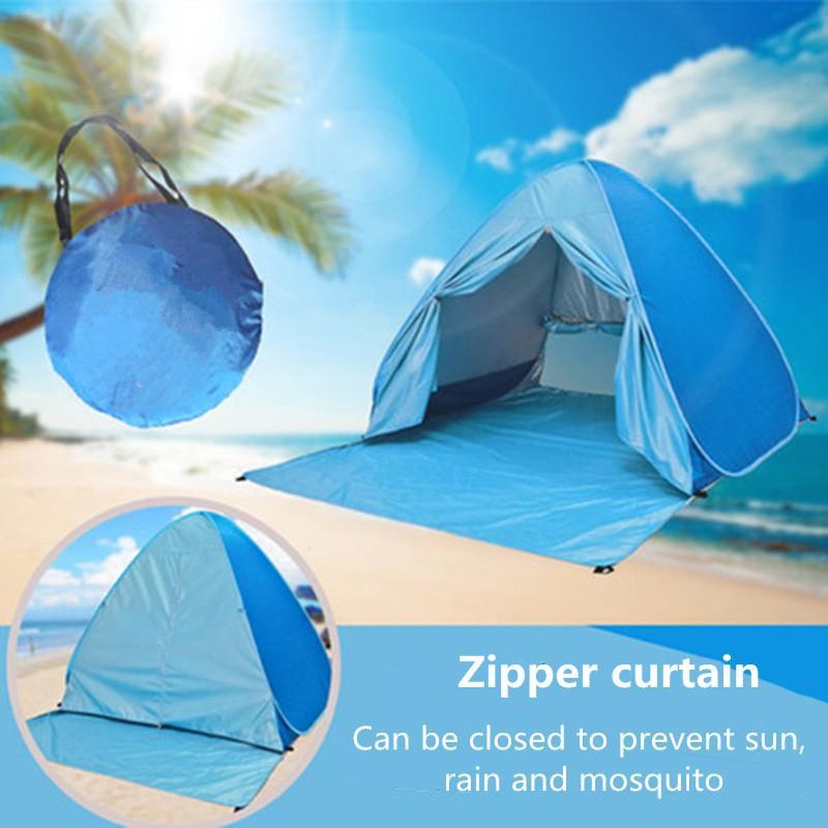 TDR-Strandtent- pop-up strandtent-draagbare tent-Anti-UV 50+ -  blauw met draagtas