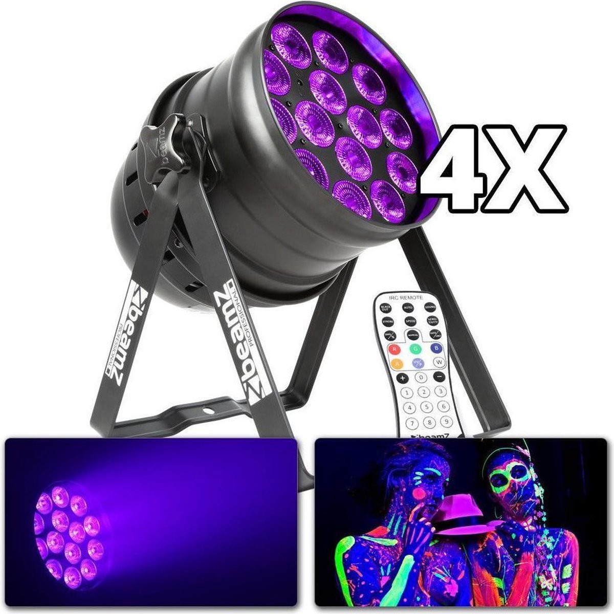 BeamZ BPP230 'Blacklight Mania' set met 4 BPP230 Blacklight PAR spots en kabels