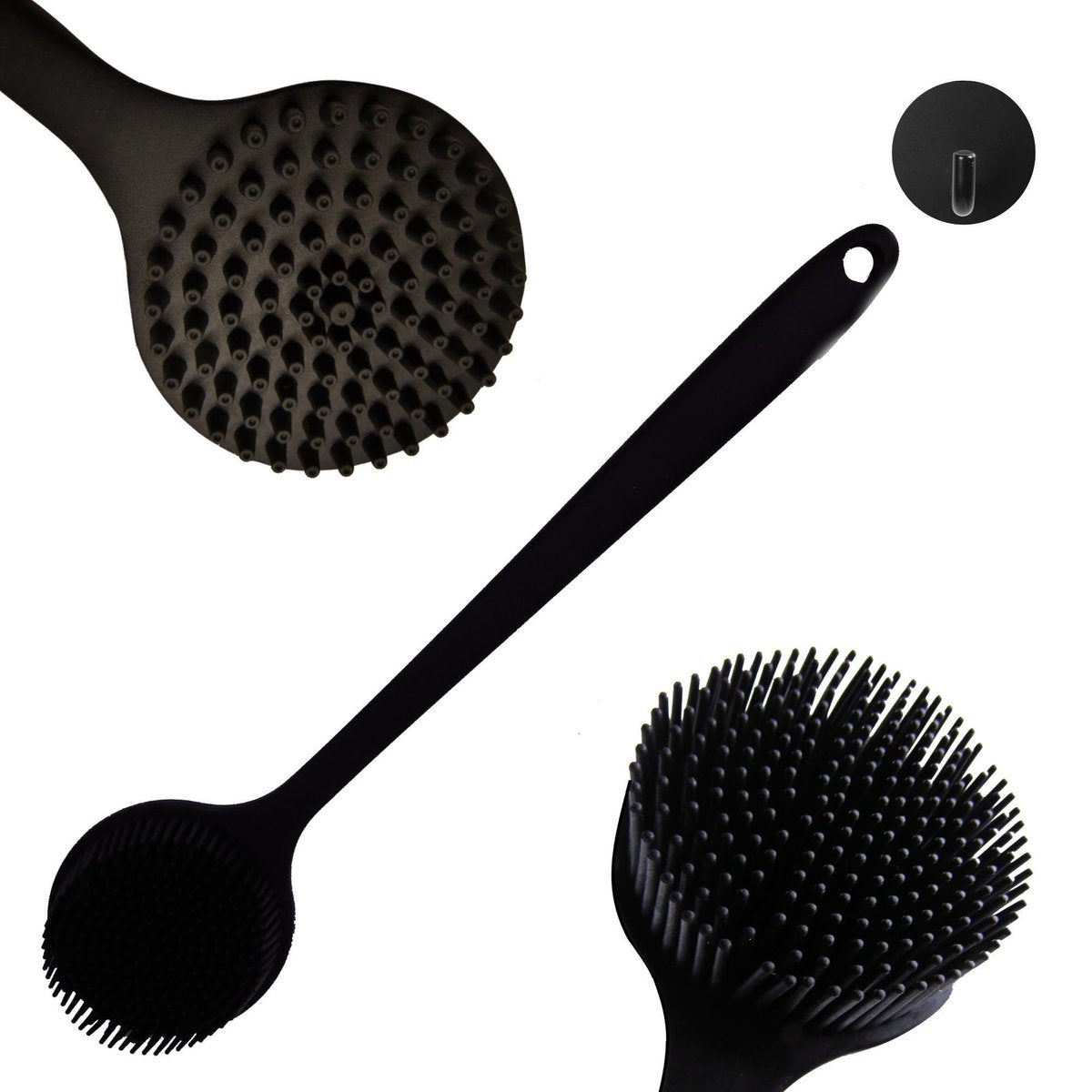 B&P Rug borstel met steel Black velvet - zwart - incl. haakje - 100% silicone - badborstel lang - kunststof - wet & dry brush